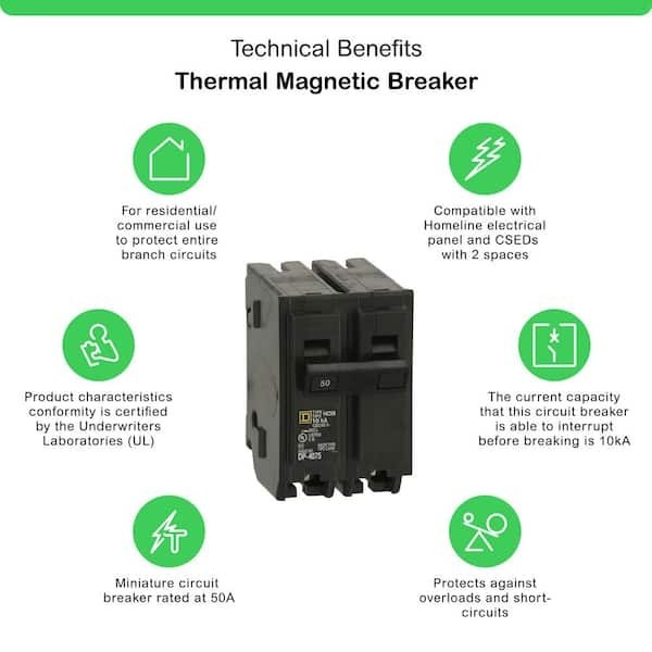 Circuit Breaker Square D 50 Amp 2 Pole Homeline Standard Trip Residential Black
