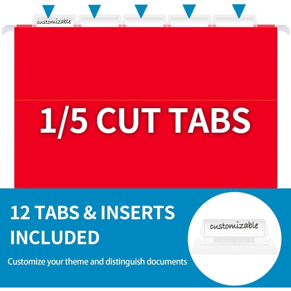 Hanging File Folders 12-Pack Letter Size, 1/5-Cut Adjustable Tabs, 12 Assorted