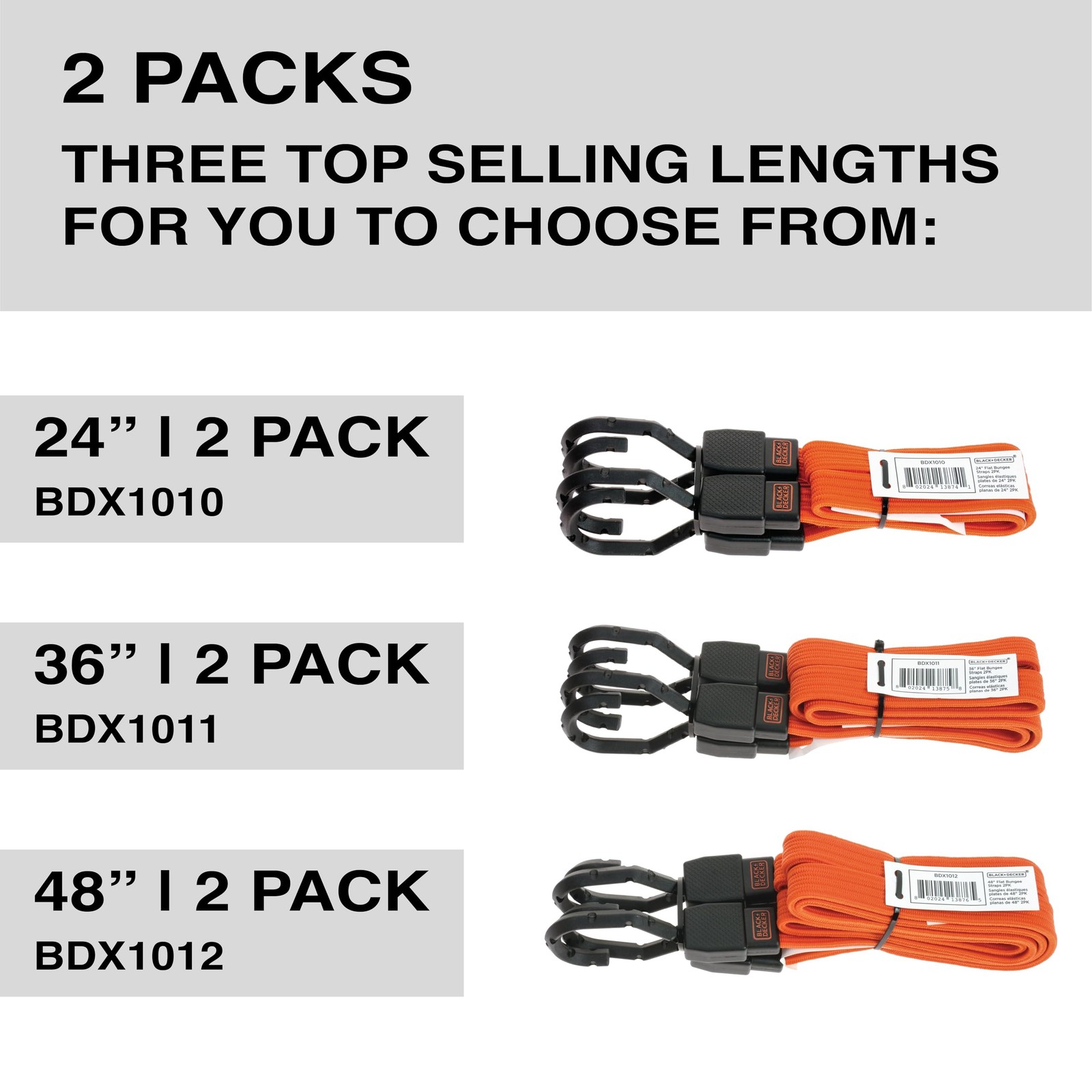 BDX1012 Black/Orange 48″ Flat Bungee Cord Straps, 2 Pack