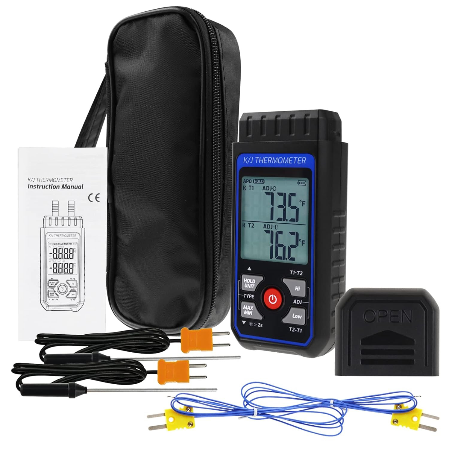 Dual-Channel K/J Thermocouple Thermometer with 4 K-Type Thermocouples -328°F ~ 2