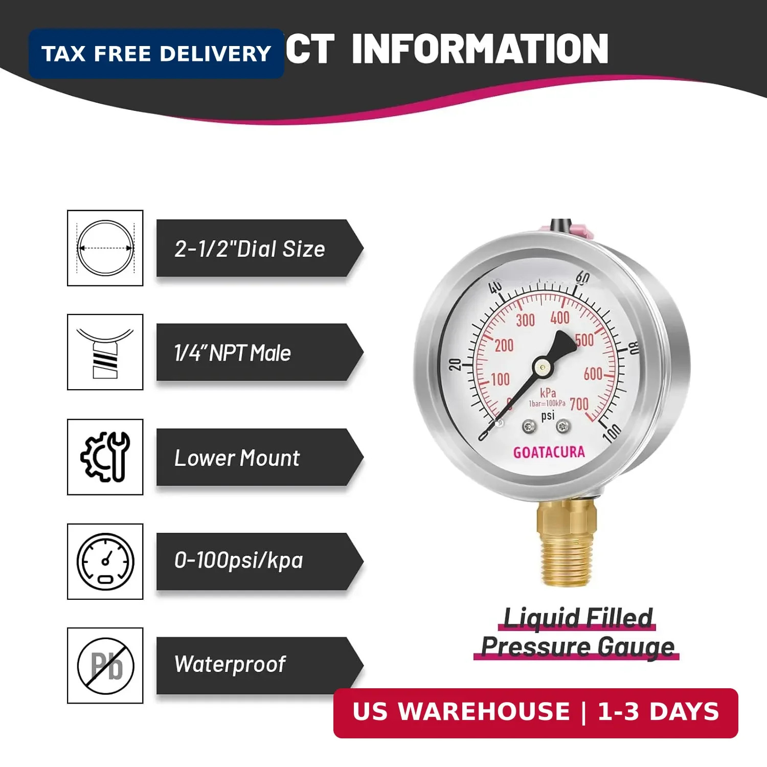 0-100 PSI Water Gas Pressure Gauge, 2-1/2’’ Dial, 304 Stainless Steel, 1/4’’ NPT