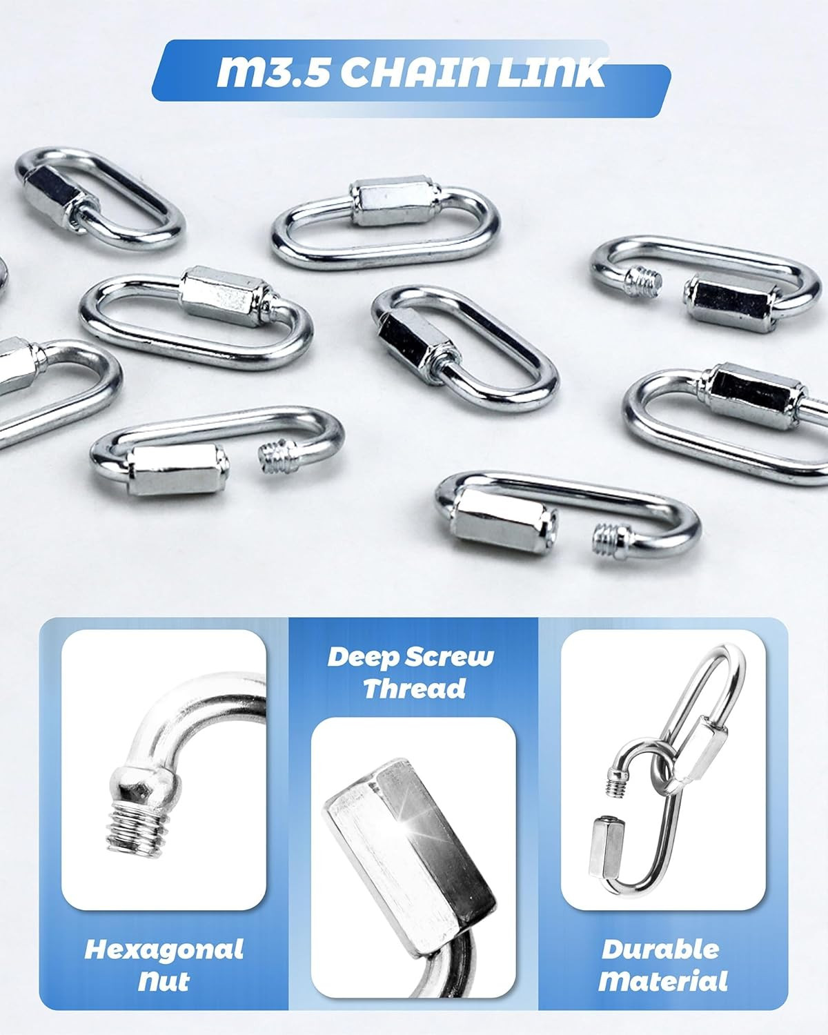 20 Pack 304 Stainless Steel M3.5 Chain Link 1/8 Inch D Shape Locking Quick New