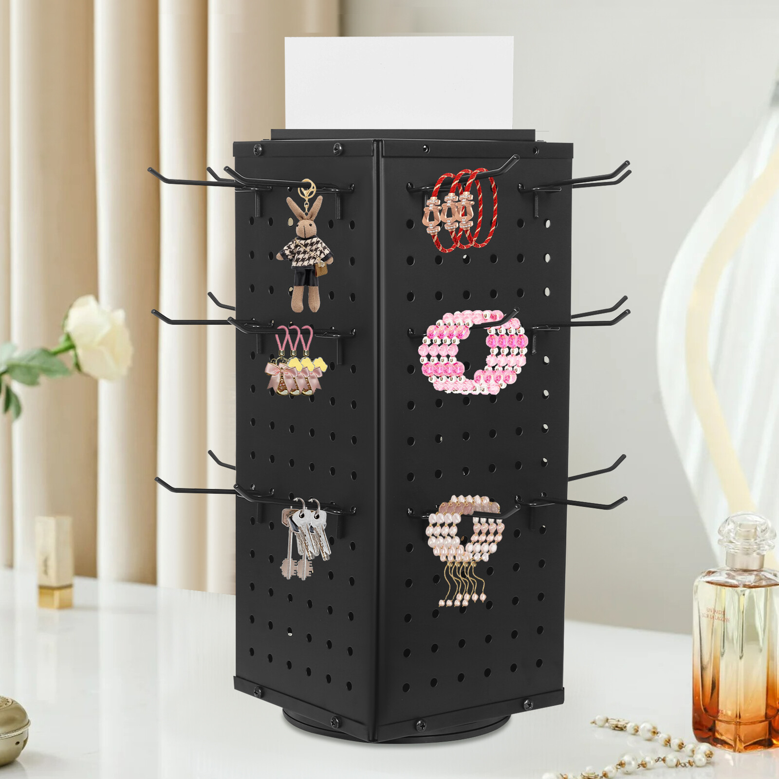 Rotating Pegboard Display Stand with 24 Hooks – 4-Sided Metal Spinning Peg Board
