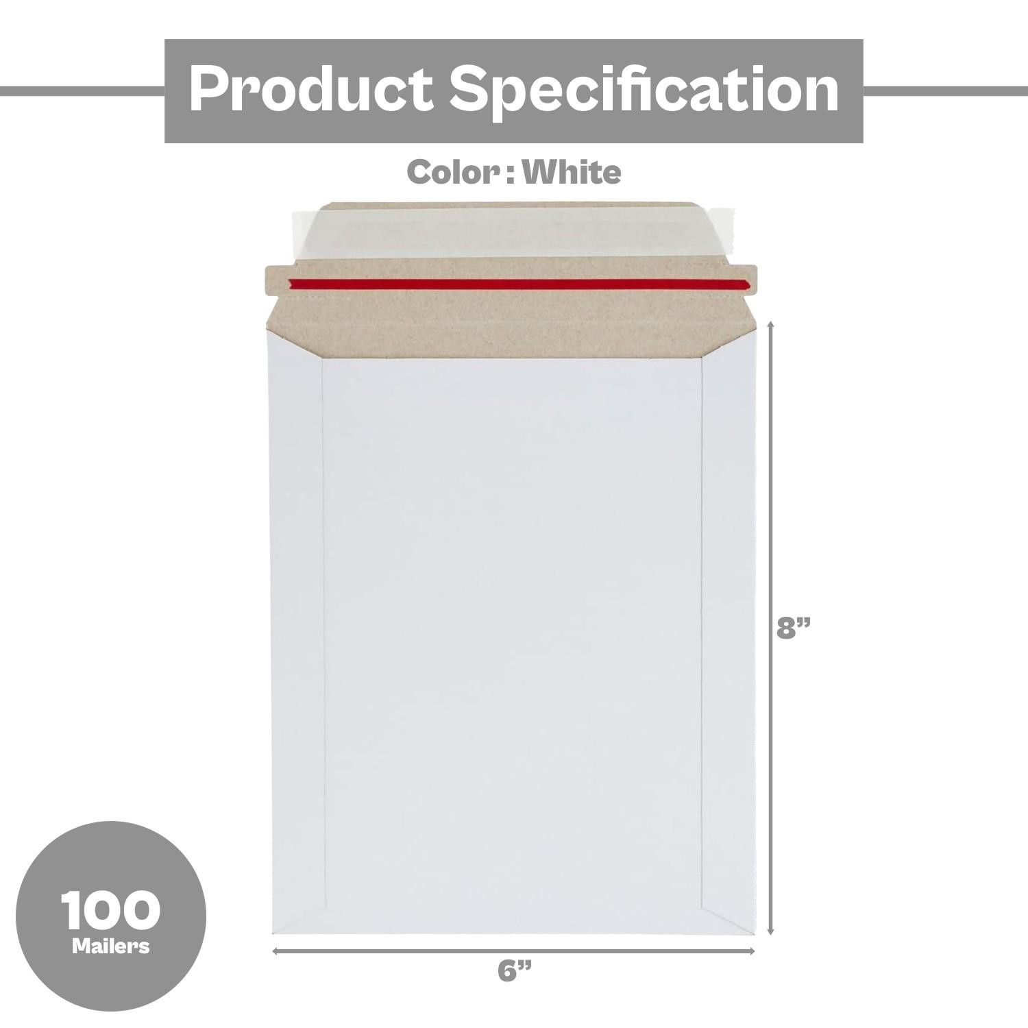 100 – 6×8″ Rigid Flat Photo Mailers – Self-Seal – White