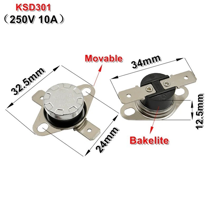 5pcs KSD301 Thermostat 40°C/104°F 10A Normally Open N.O Temperature Switch