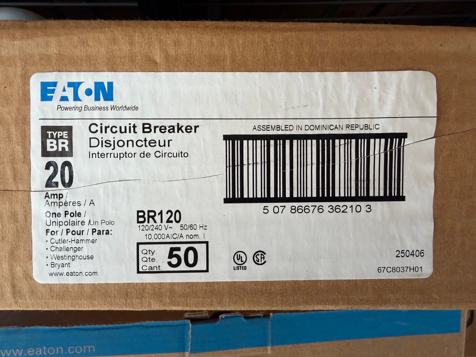 EATON BR120 Circuit Breakers Type BR 1 Pole 20 AMP 120/240V (50 Pack)