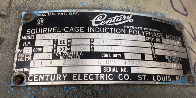 CENTURY SQUIRREL- CAGE INDUCTION POLYPHASE MOTOR H.P: 7.5 SPEC NO.: 51820