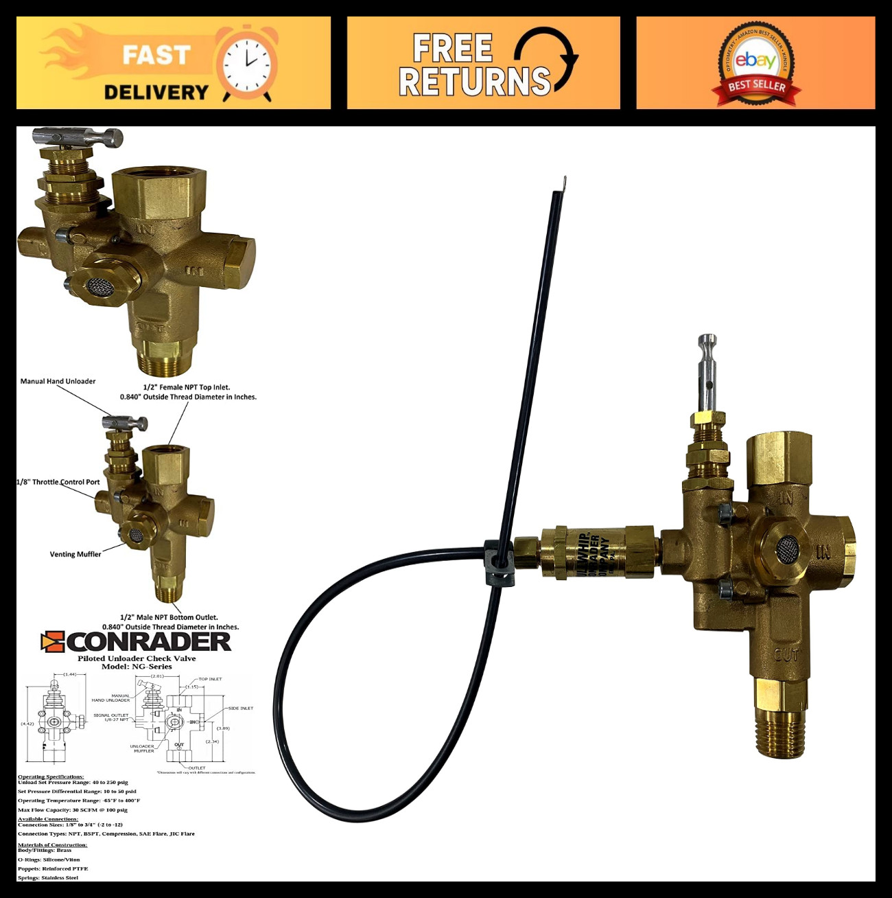 1/2″ NPT Unloader Valve & Throttle Control Cable for 6.5HP Air Compressors 125-1