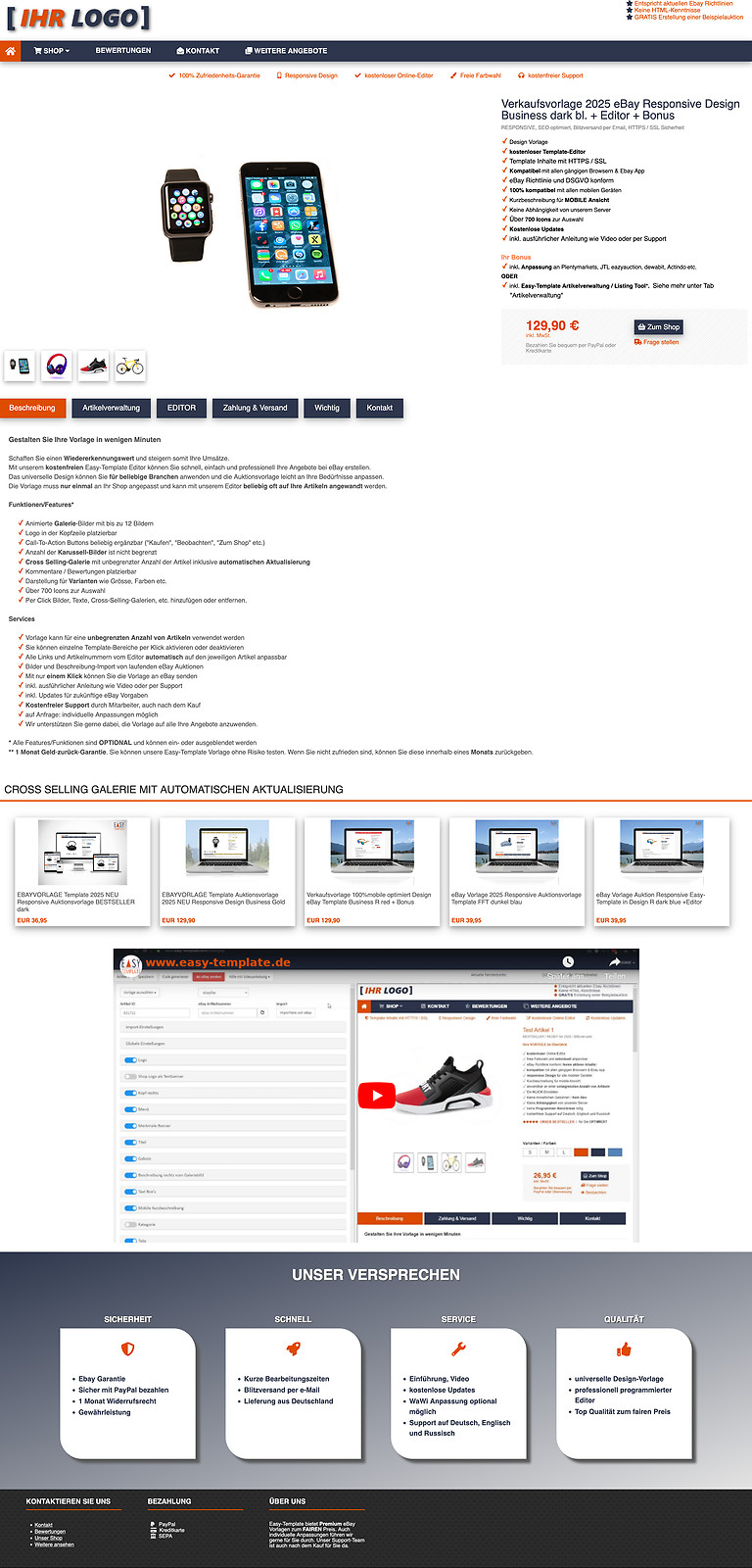 Verkaufsvorlage 2023 eBay Responsive Design Business dark bl. + Editor + Bonus