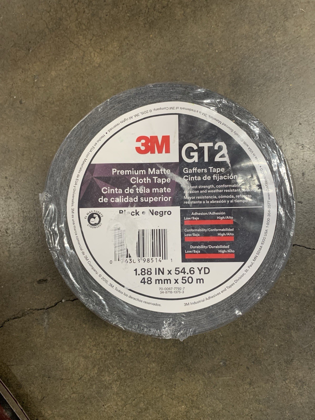 3M™ Premium Matte Cloth (Gaffers) Tape GT2 Black, 1.88″ IN x 54.6′ YD