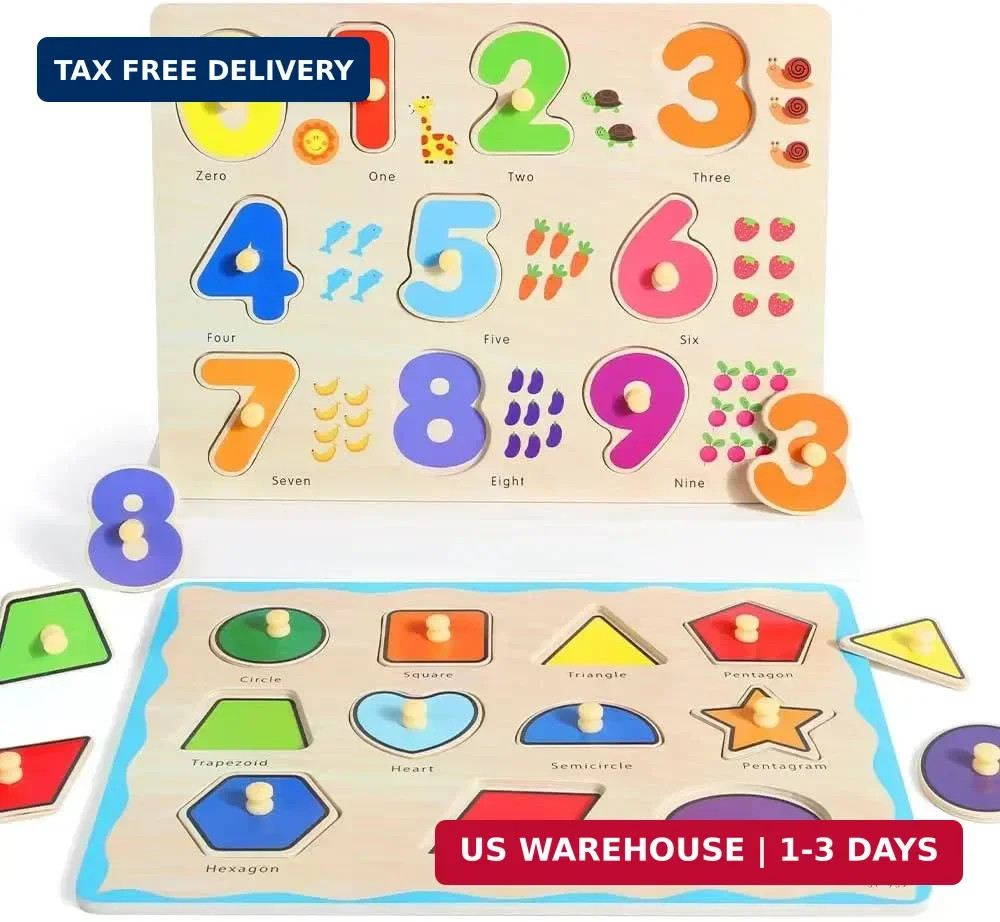GRINNNIE Wooden Montessori Toddler Puzzles for 3 4 5 Years Old, 3 Pcs (Number, L