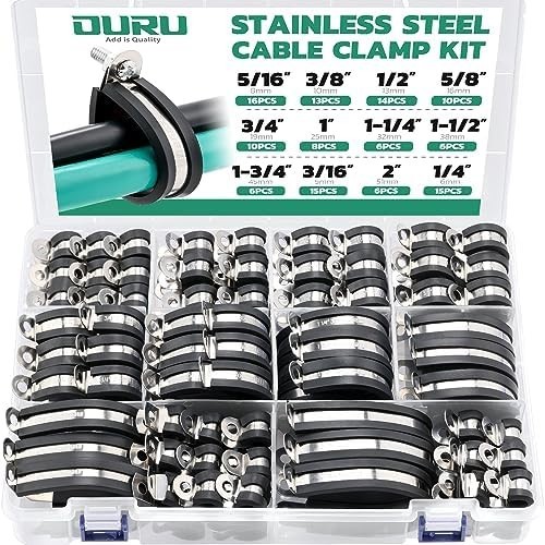125PCS Stainless Steel Rubber Coated Cable Clamps Assortment Kit – 12 Sizes
