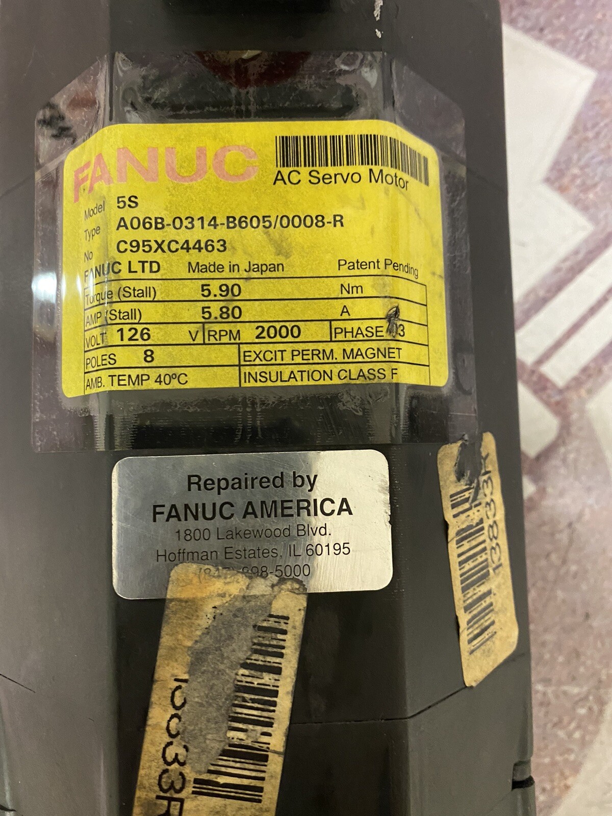 Fanuc AC Servo Motor 5S A06B-0314-B605/0008-R 3Ph, 5.90 Torque, 5.80Amp, 8 Poles