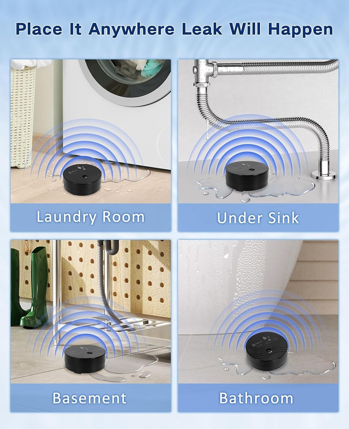 Water Leak Detector Alarm 100dB Loud Battery-Operated Home Flood Sensor