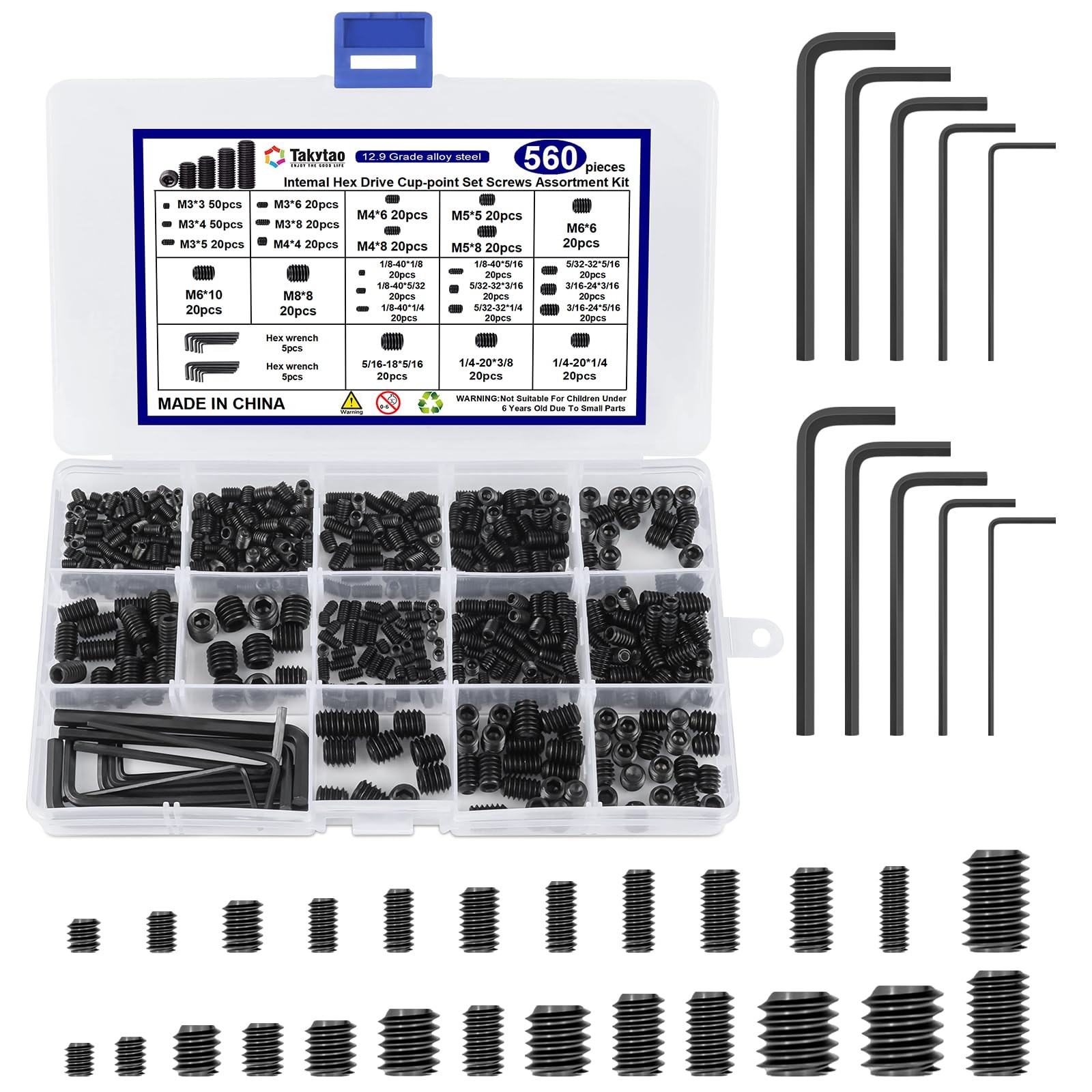 560PCS 25 Sizes Metric & SAE Set Screw Assortment Kit,12.9 560PCS, Black