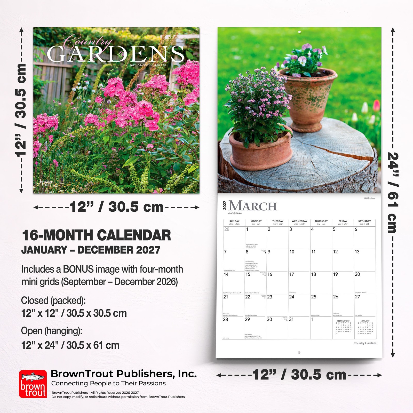 Country Gardens | 2027 12×24″ (Hanging) Square Wall Calendar | Plastic-Free
