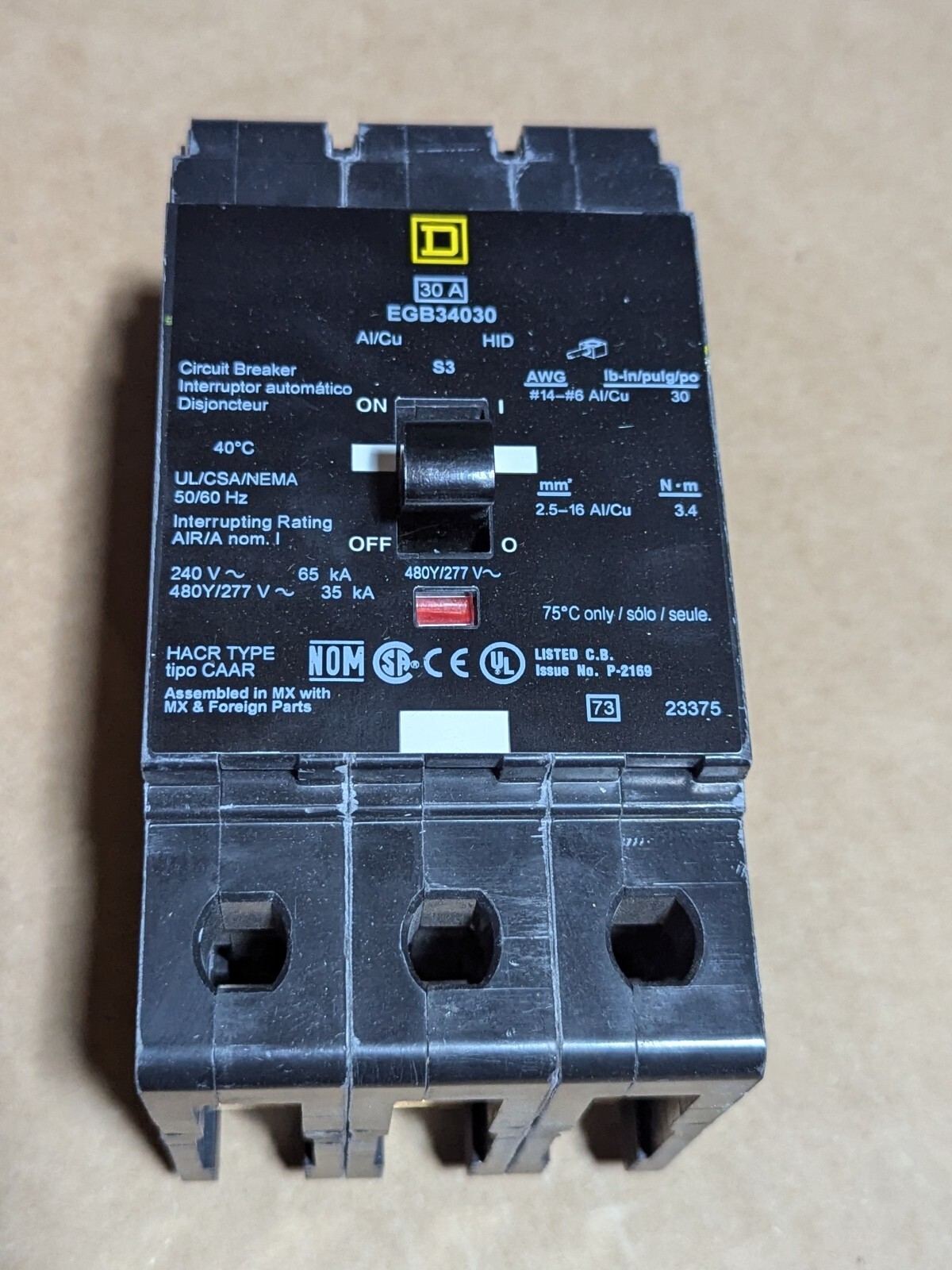 Square D EGB34030 30A 3P Bolt-On 480/277V Circuit Breaker 35kA@480/277V