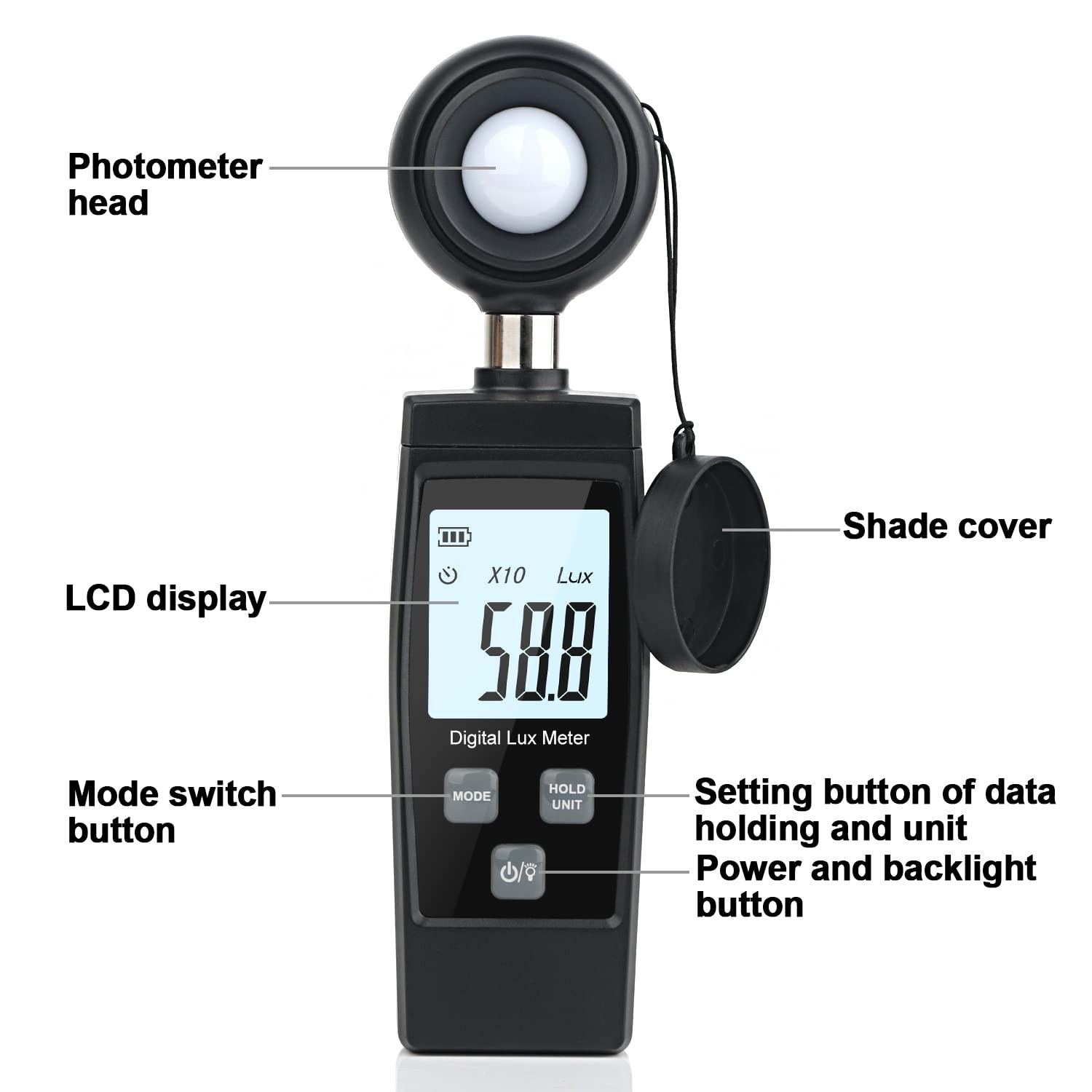 1 Pack Handheld Light Meter, 200,000 Lux, Digital, Photometer, Sensor, Plants