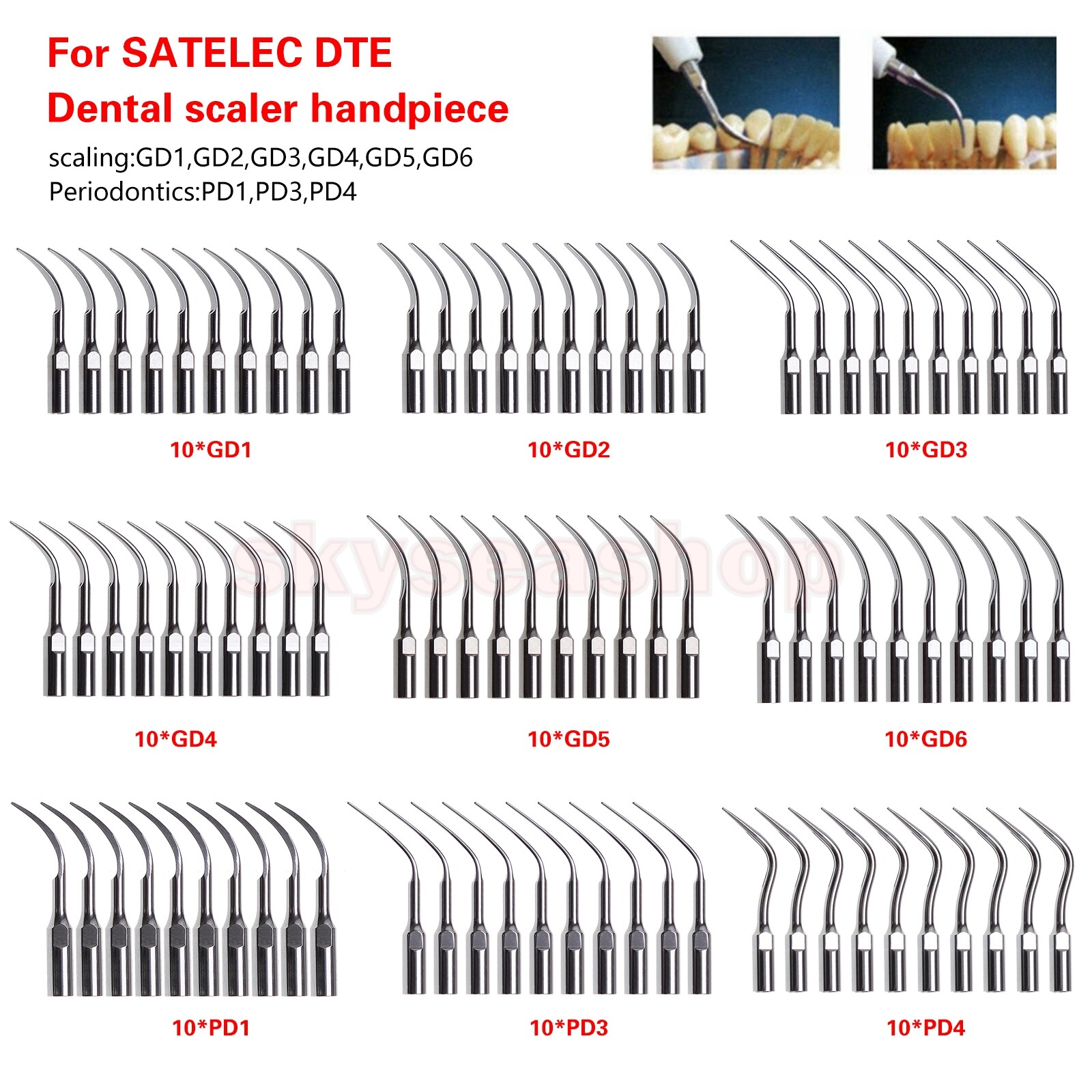 1-10*Tips Dental Ultrasonic Piezo Scaler fit EMS Woodpecker/DTE SATELEC Handpiec