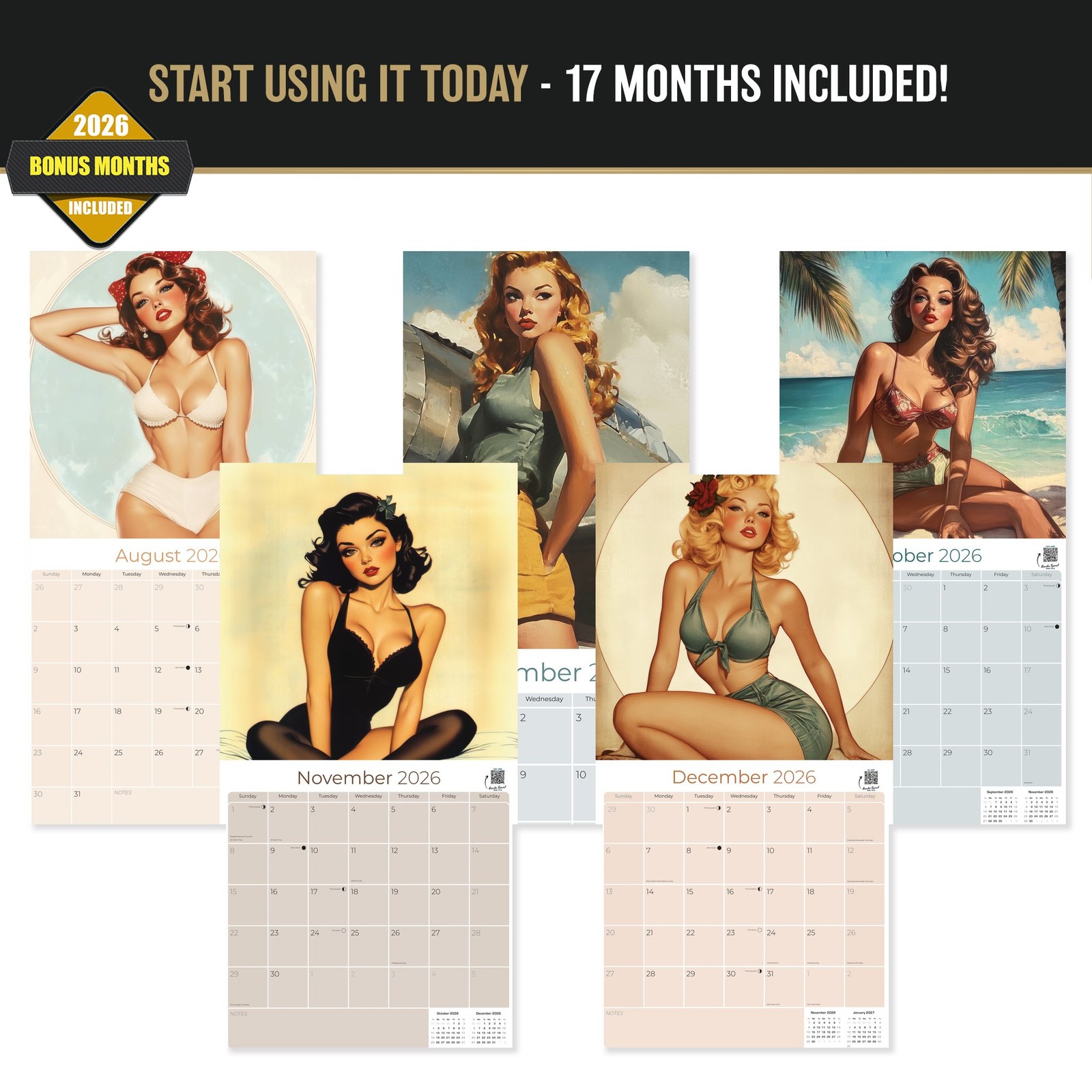 Vintage Pin Ups Wall Calendar 2026 FULL SIZE 12×24 Made in USA