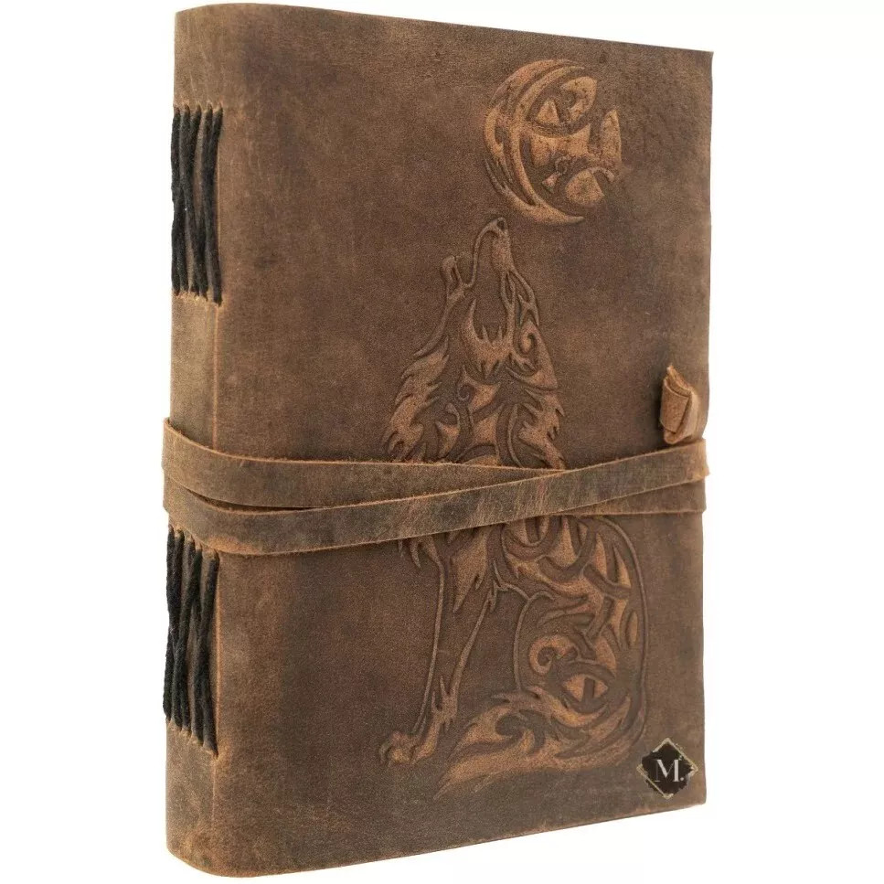 Handmade Leather Journal with Wolf, 200 Unlined Pages Diary | B1G1 Free