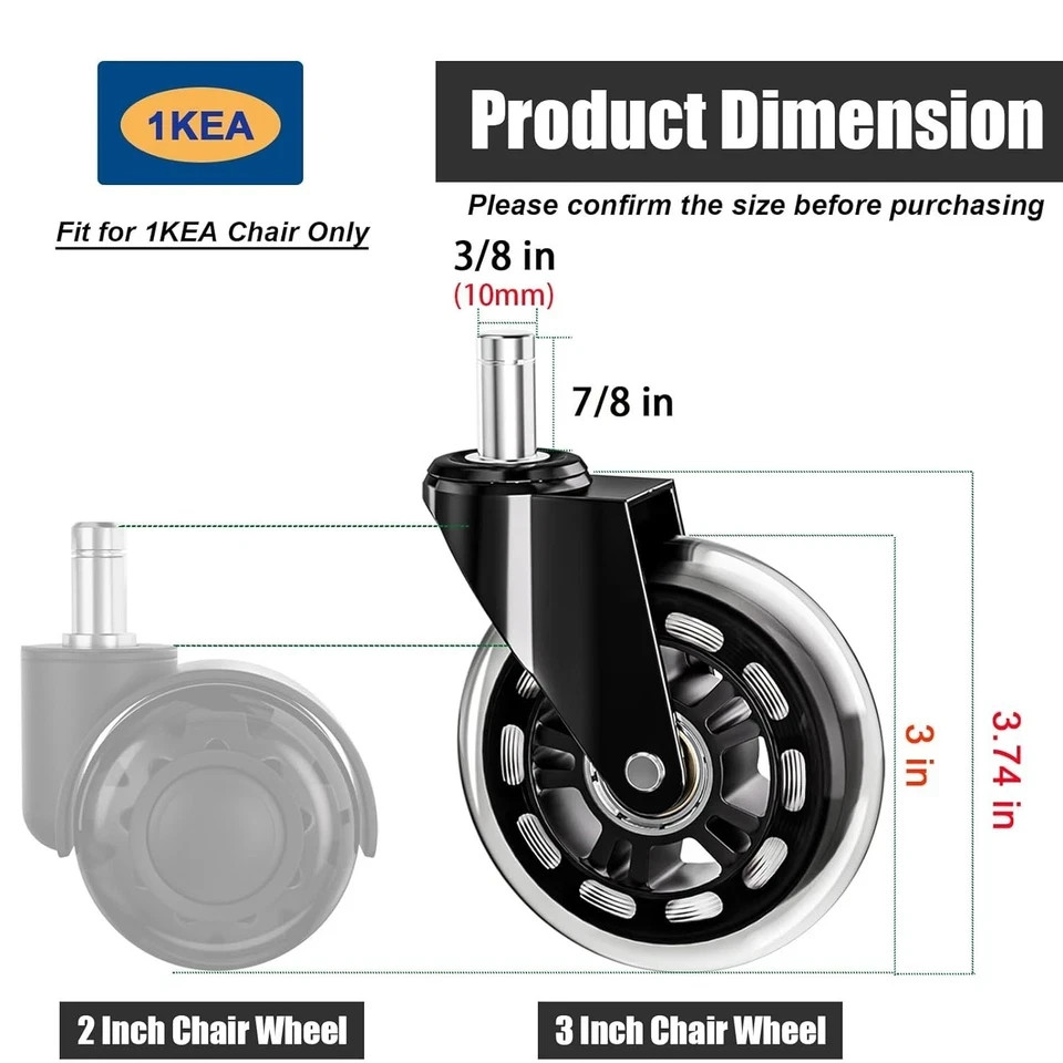 IKEA Office Chair Wheels Replacement for Hardwood Floor and Carpet, 10mm Stem…