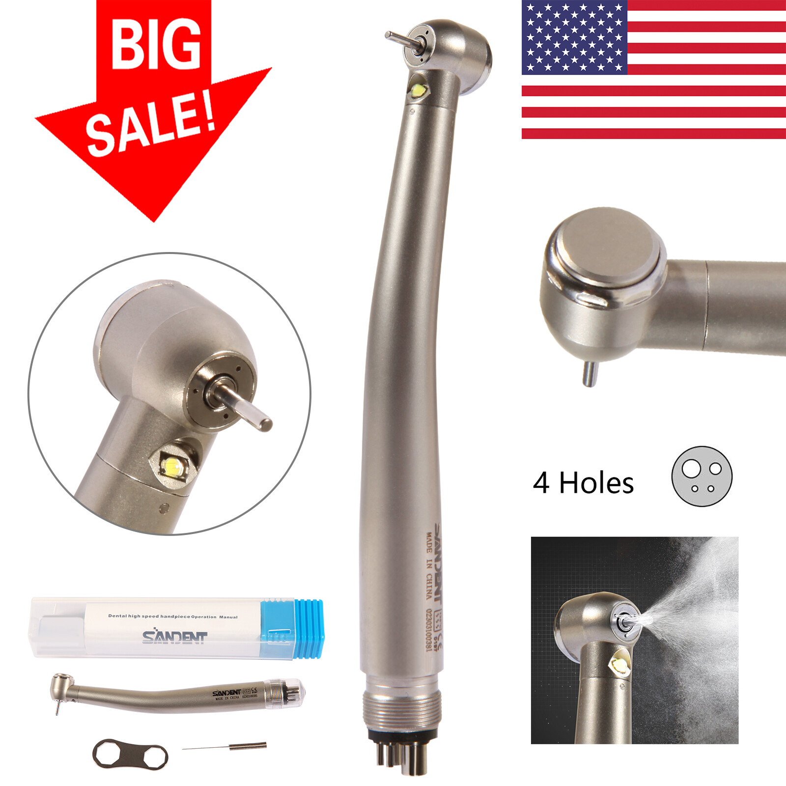 Dental E-generator LED Triple spray Fiber Optic Handpiece High Speed 4 Hole