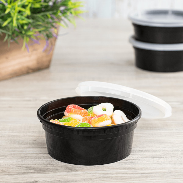 Karat 8 oz Black PP Injection Molded Round Deli Containers with Lids – 240 Sets