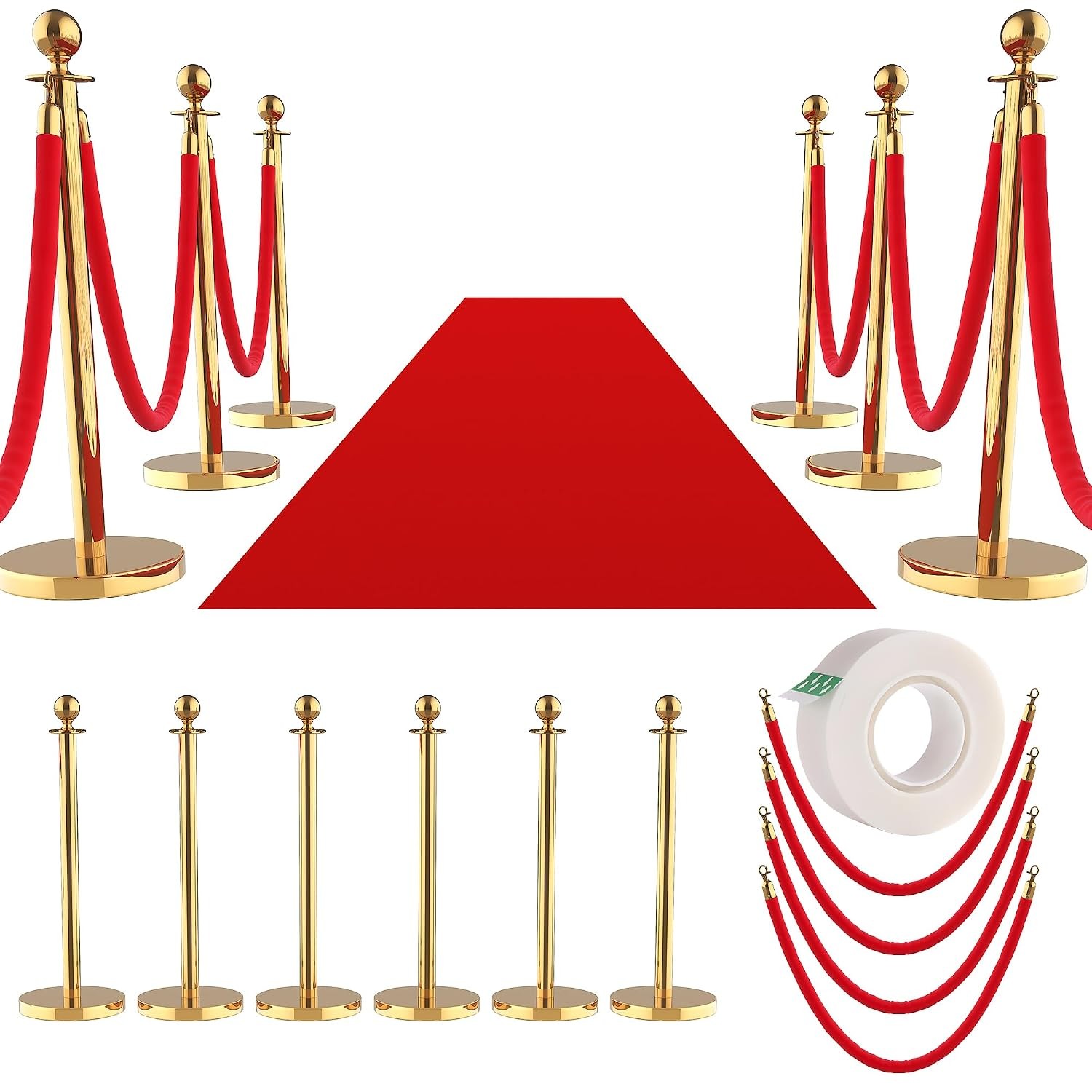 12-Piece Gold Stanchion Set with 26FT Red Carpet & 10 Velvet Ropes, Hollow Base