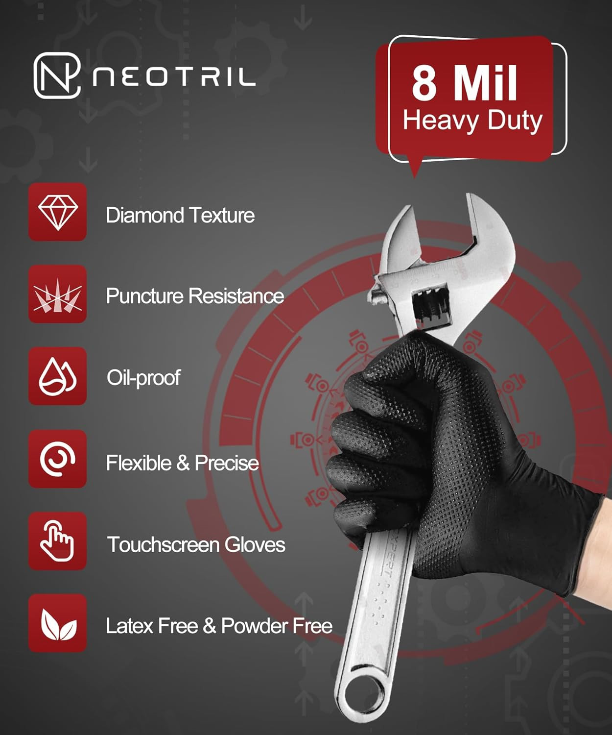 8 Mil Heavy Duty Disposable Nitrile Gloves with Diamond Texture Grip Rubber Glov