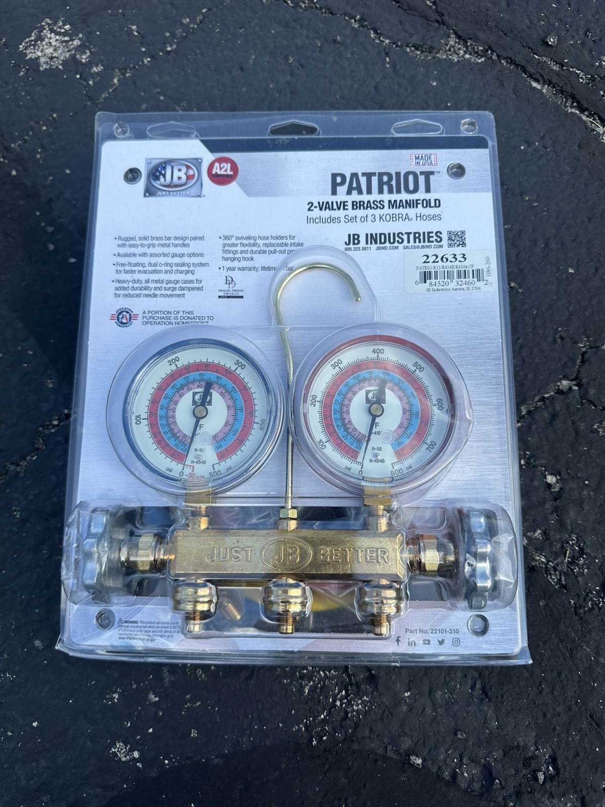 JB Industries Patriot 22233 Brass 2-Valve Manifold Gauge Set with Kobra Hoses