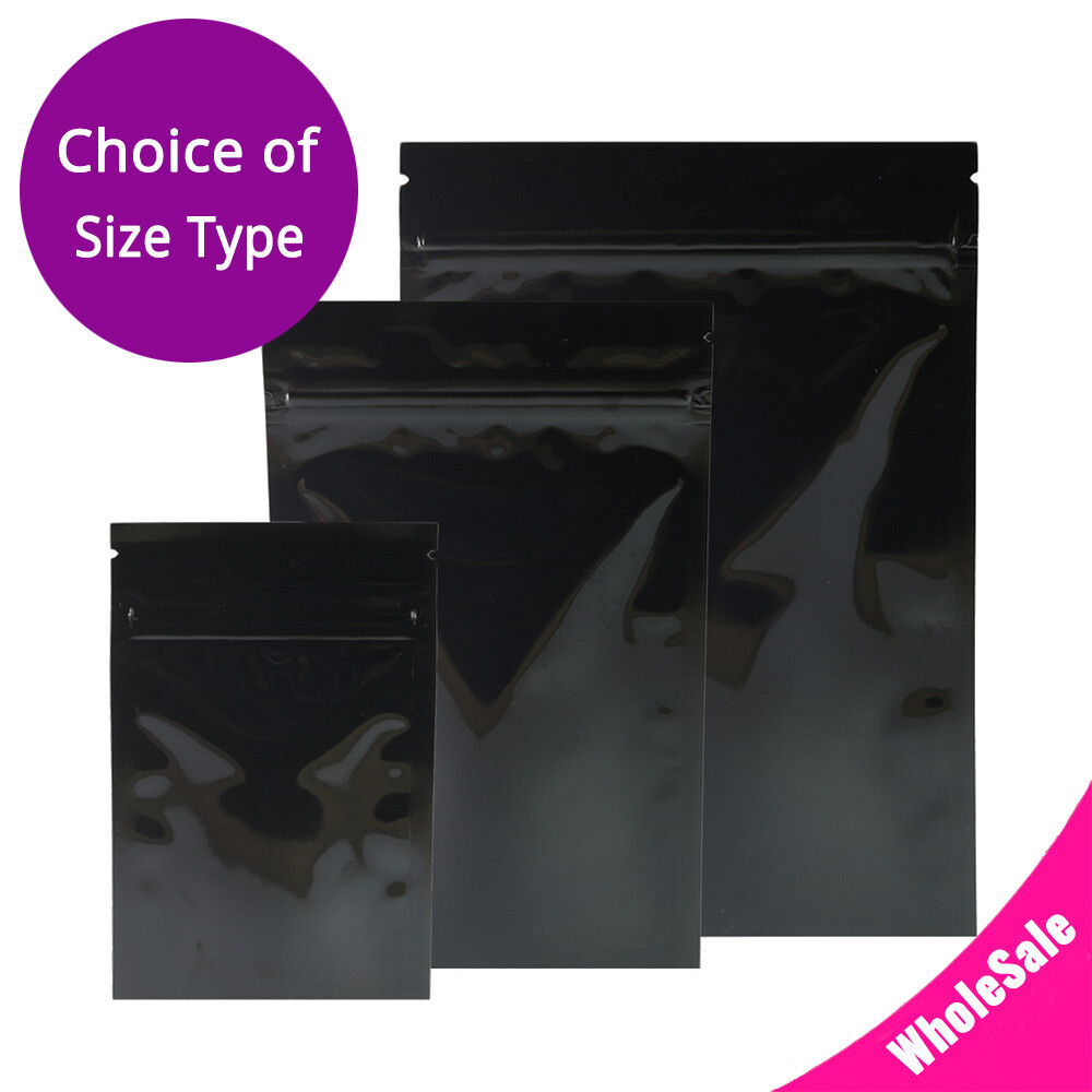 Multi-Size Double-Side Glossy Black Foil Mylar Flat Zip Lock Bag w/ Tear Notches