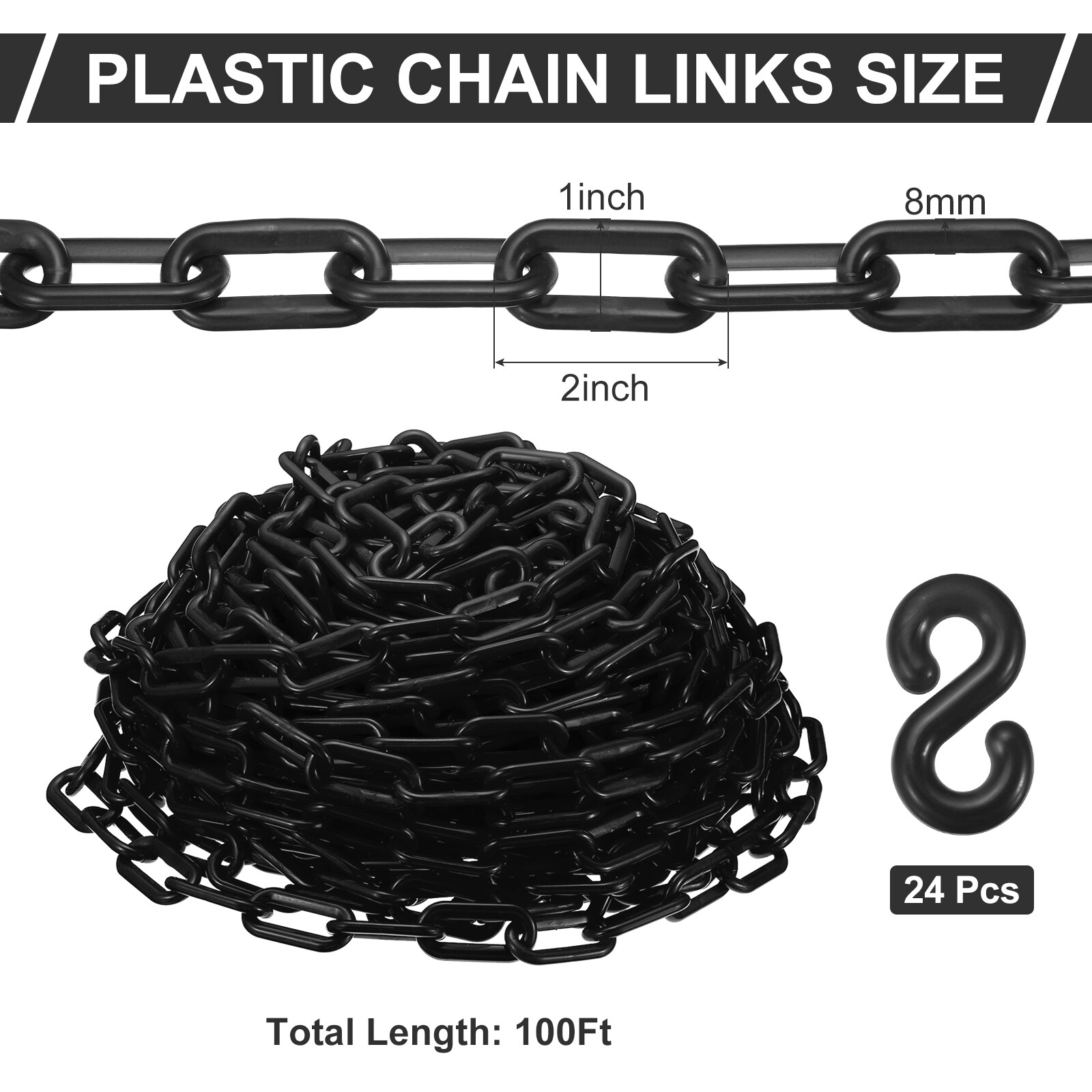Plastic Chain Links, 100 Foot 2″ Safety Chains, Black Plastic Chains