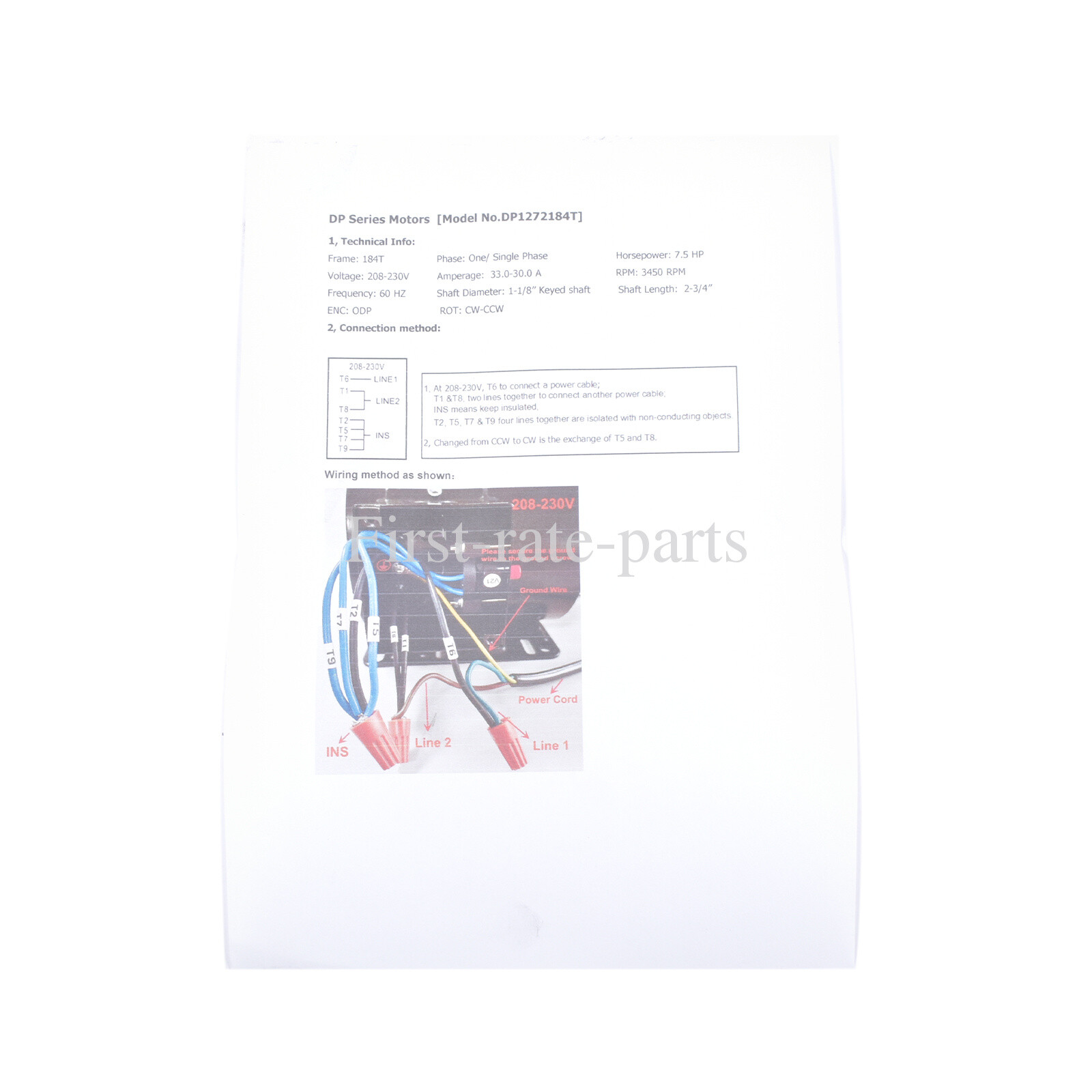 7.5HP Air Compressor Electric Motor 230V 31.6A 3450RPM 184T Frame CW/CCW Rotate
