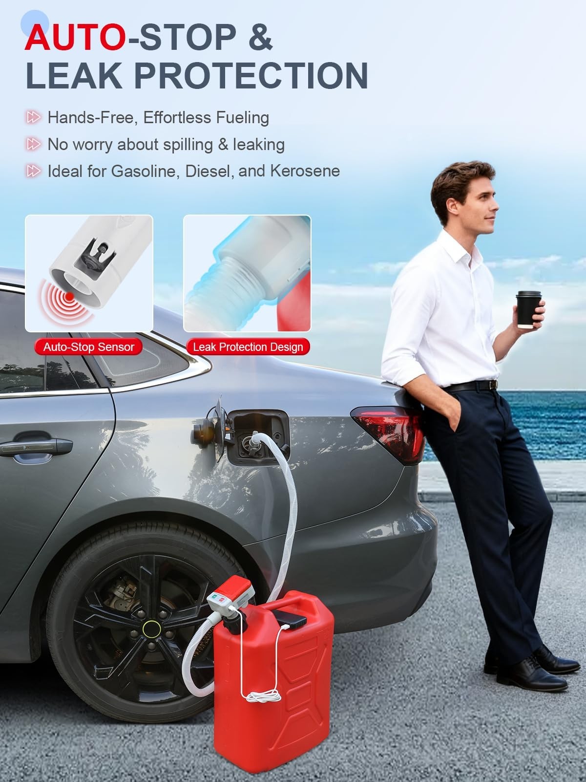 3.2 GPM Fuel Transfer Pump, USB-C & Battery Powered, Auto-Stop, 51″ Hose, 4 Adap