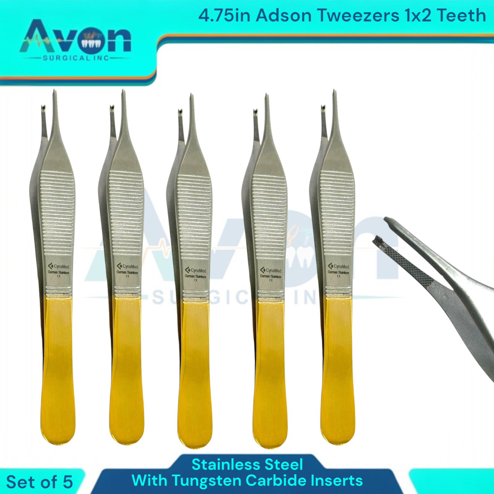 Gold Handle 1×2 Teeth Adson Tissue Forceps, 4.75in, w/ TC Inserts – German Steel