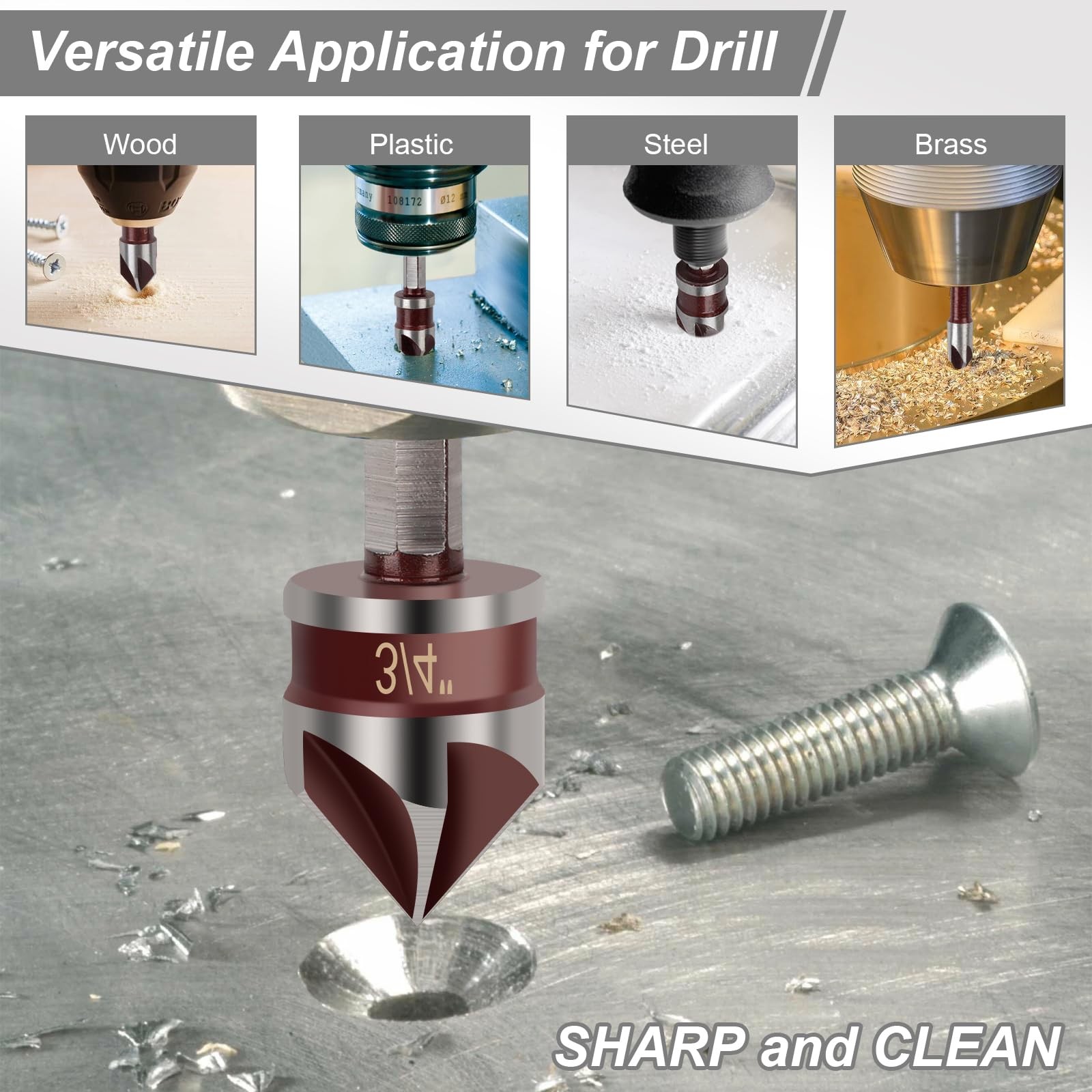 5PCS Countersink Drill Bit Set, 1/4″ Hex Shank 1/4”, 3/8”, 1/2”, 5/8”, 3/4”