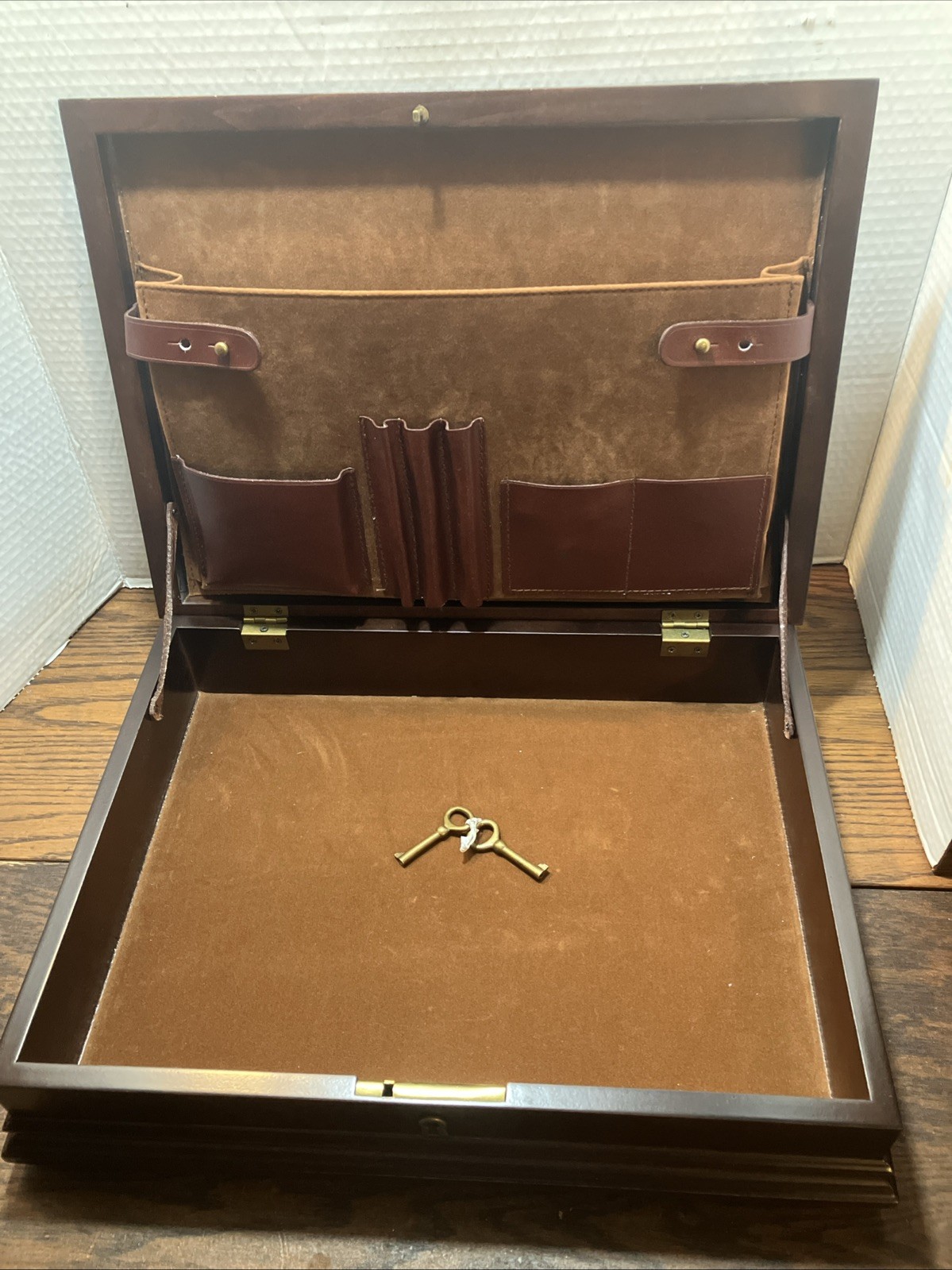 Vintage Bombay Company Mahogany Wood Letter Box Desk Organizer with Key