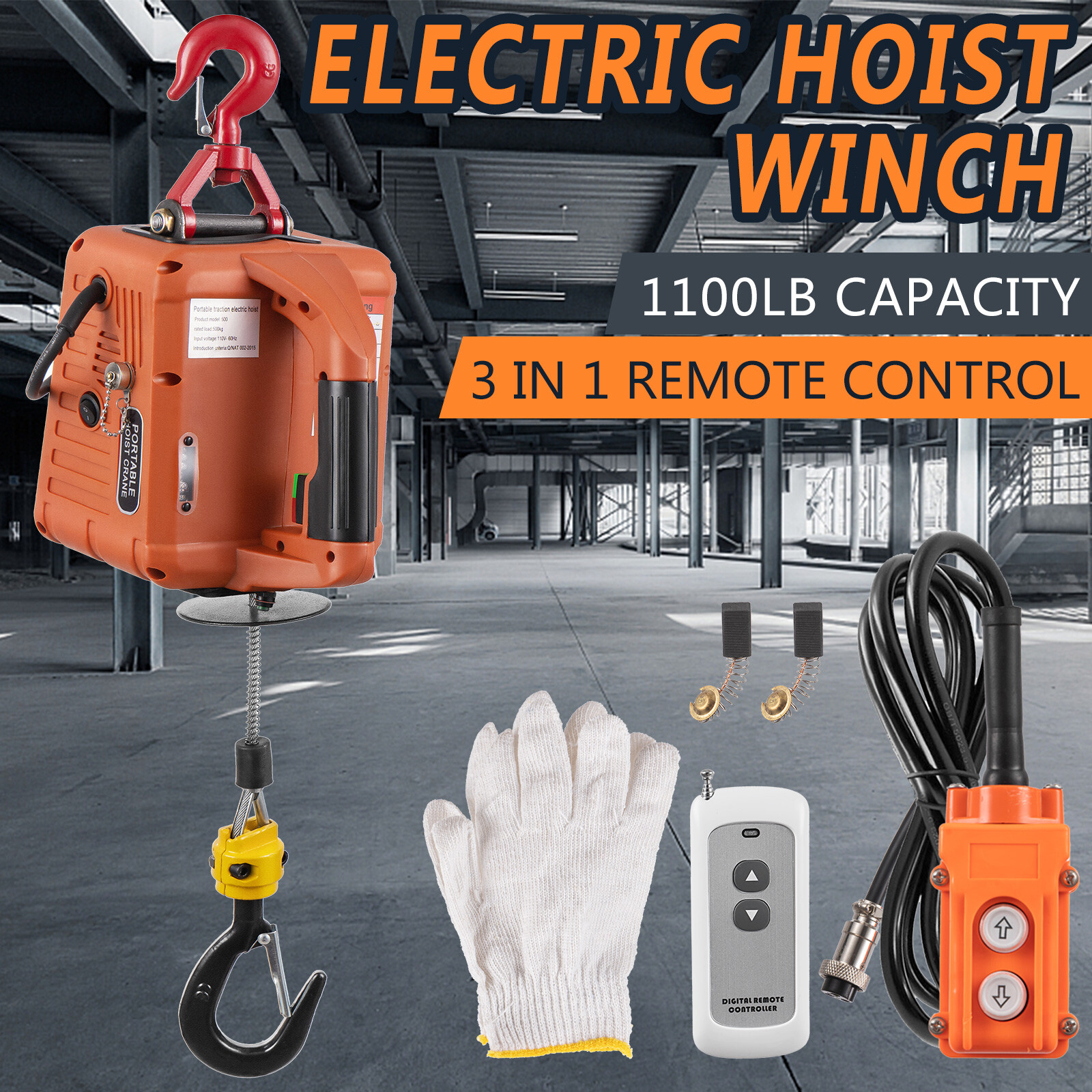 Electric Hoist Winch 3 in 1 Portable Crane 1100lbs Wired/Wireless Remote Control