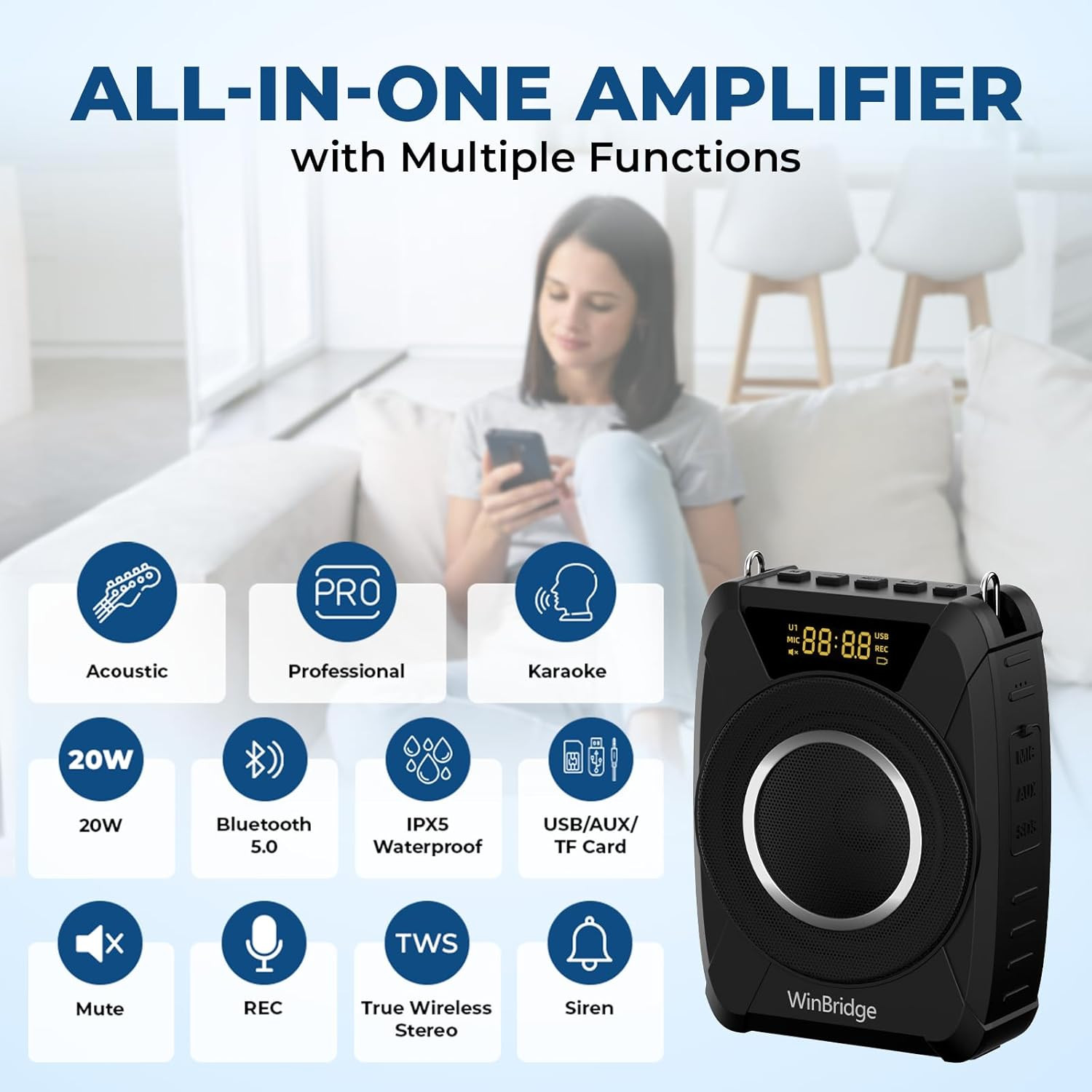 Voice Amplifier Wireless Microphone, 20W Portable PA System with Bluetooth
