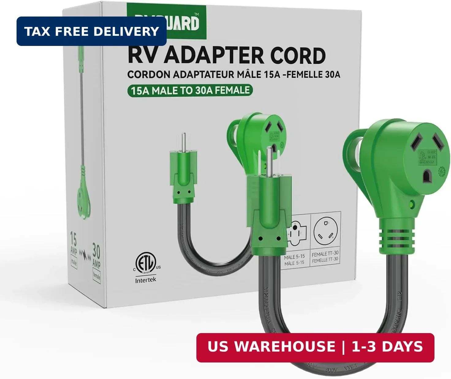 RVGUARD 30 Amp to 110 Volt RV Adapter Cord | NEMA 5-15P to NEMA TT-30R Electrica