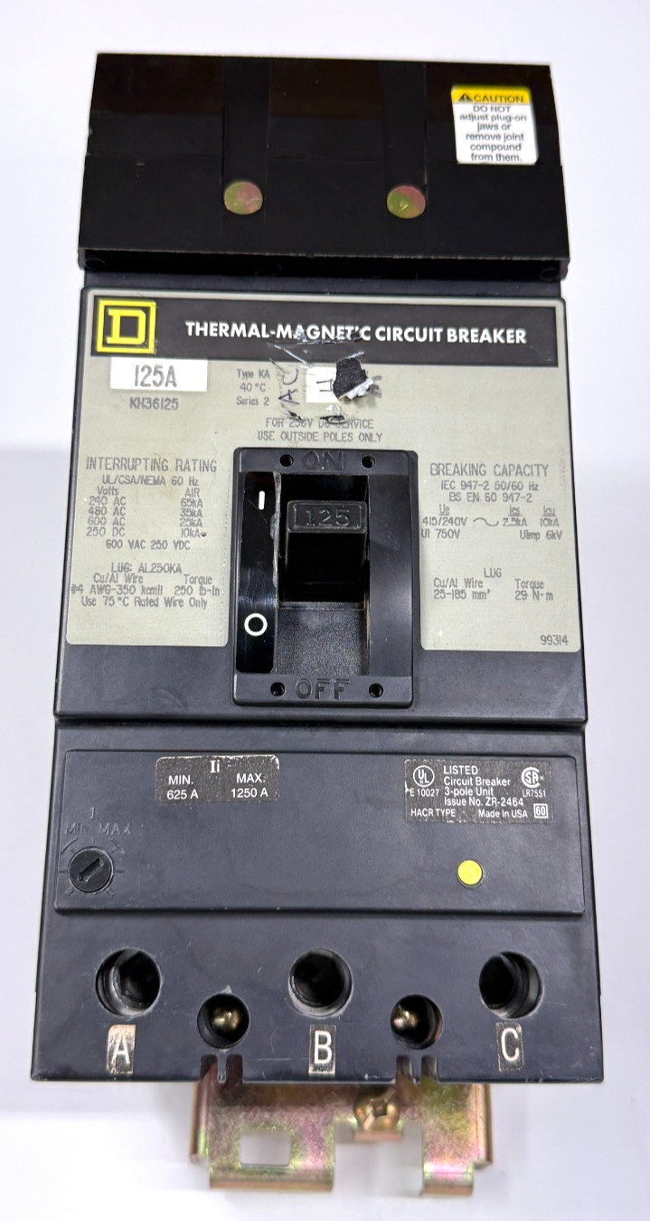 Square D KH36125 125Amp 3Pole 600V 25kA I-Line Circuit Breaker High Interrupting