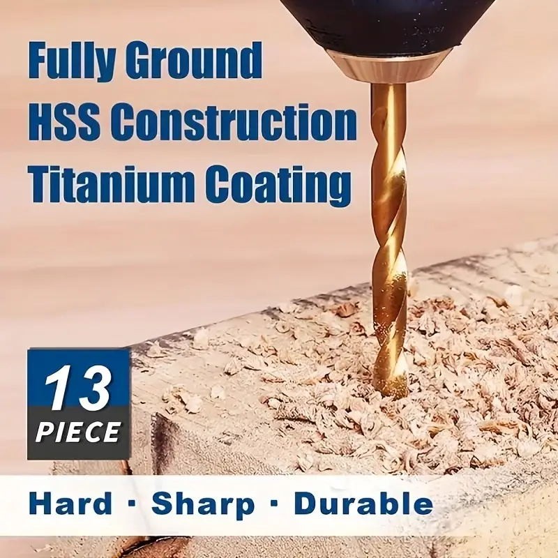 13Pcs HSS Titanium Coated Twist Drill Bit Set 1.5-6.5mm Hex Shank For wood Metal