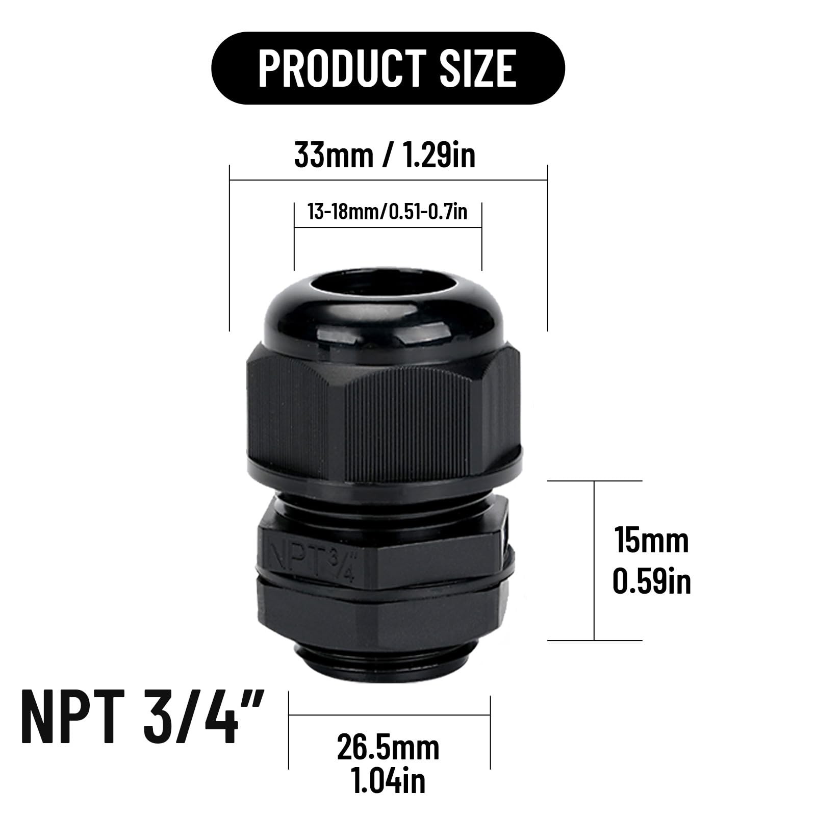Cable Glands 20 pcs NPT3/4» Cable Gland Waterproof joints, Adjustable Black …