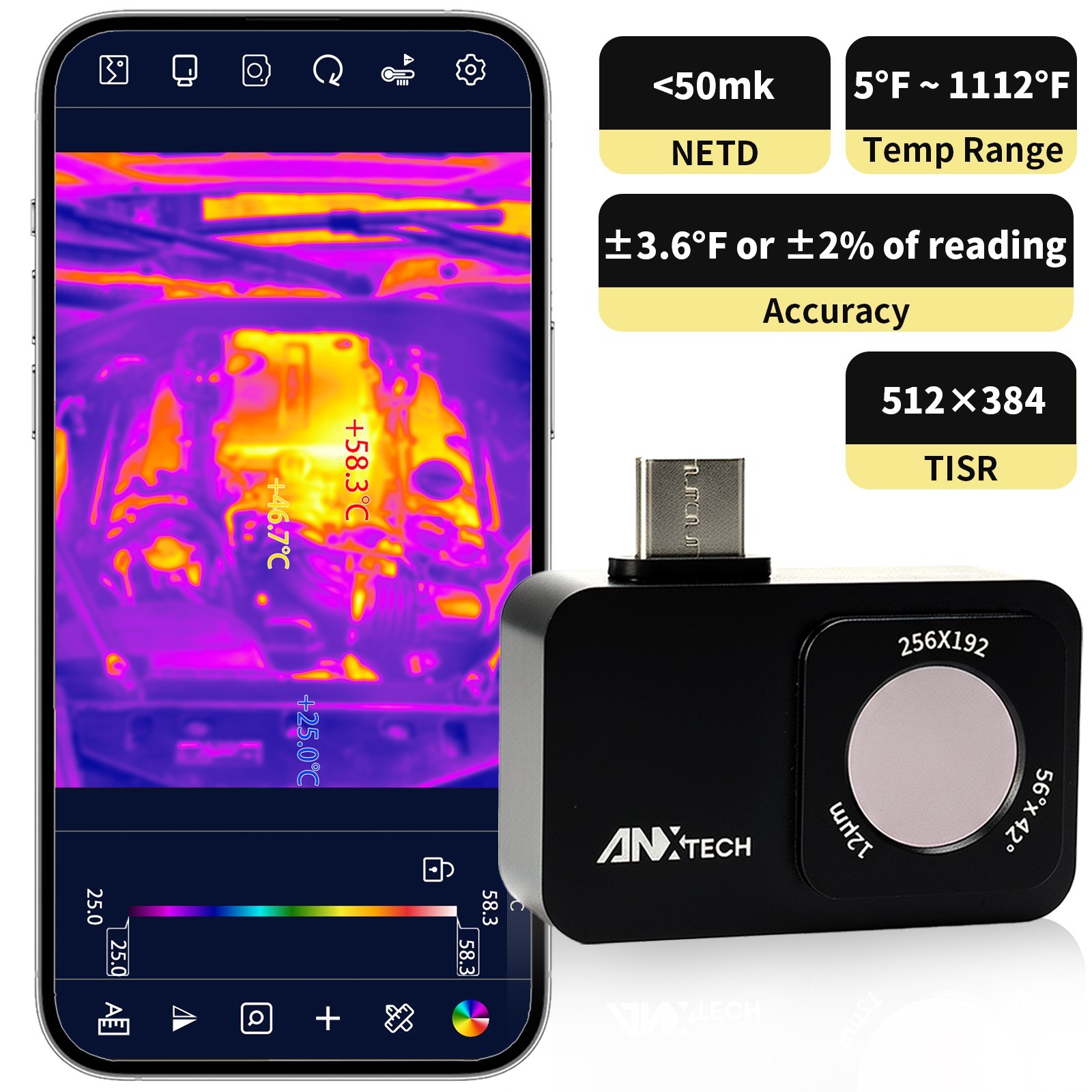 ANXTECH Thermal Camera 512×384 TISR Resolution Infrared Camera for Android