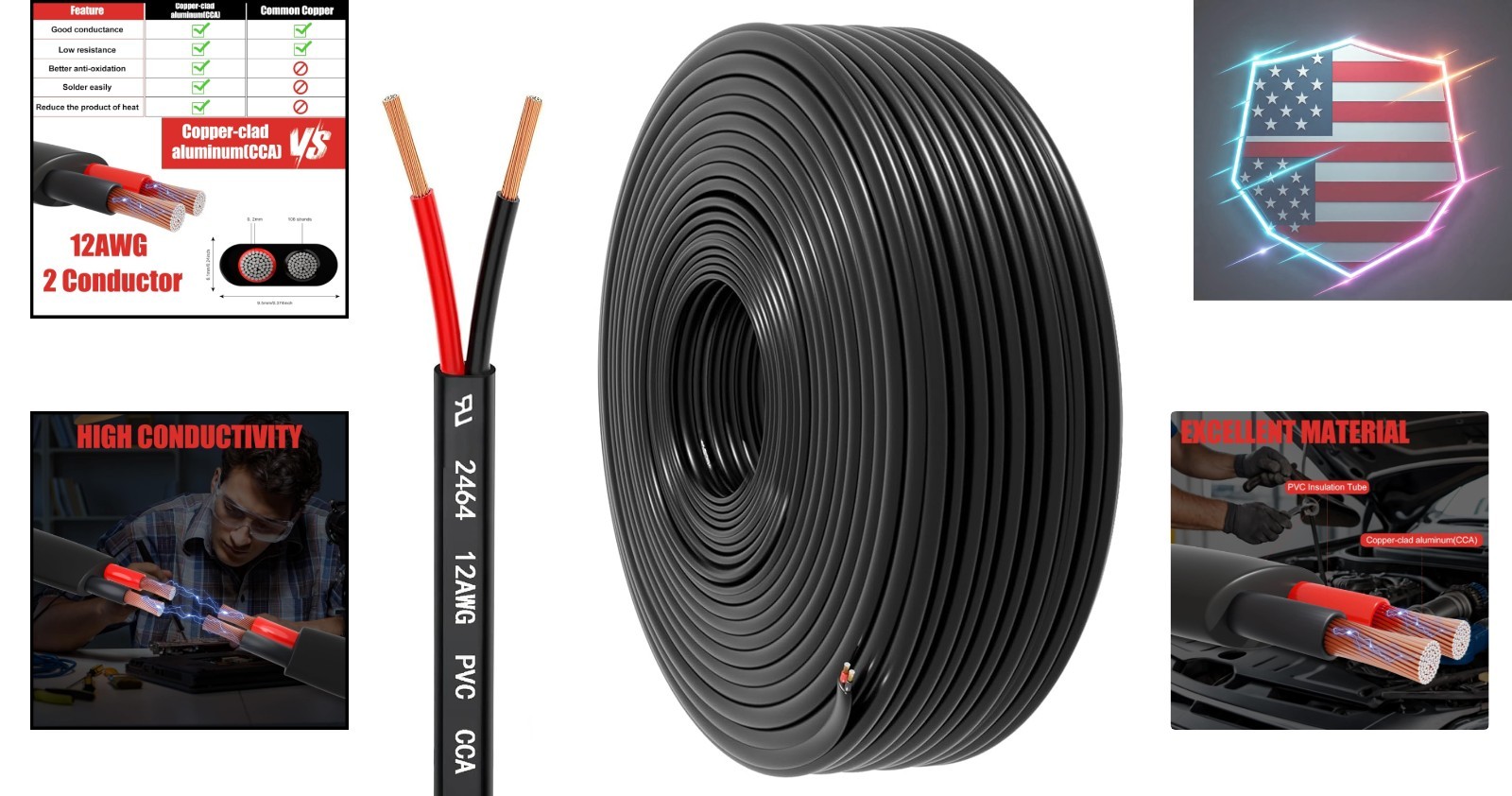 12 Gauge Wire 2 Conductor Electrical Wire, 12 AWG 3.3mm² Wire PVC Cord, 12V/2…