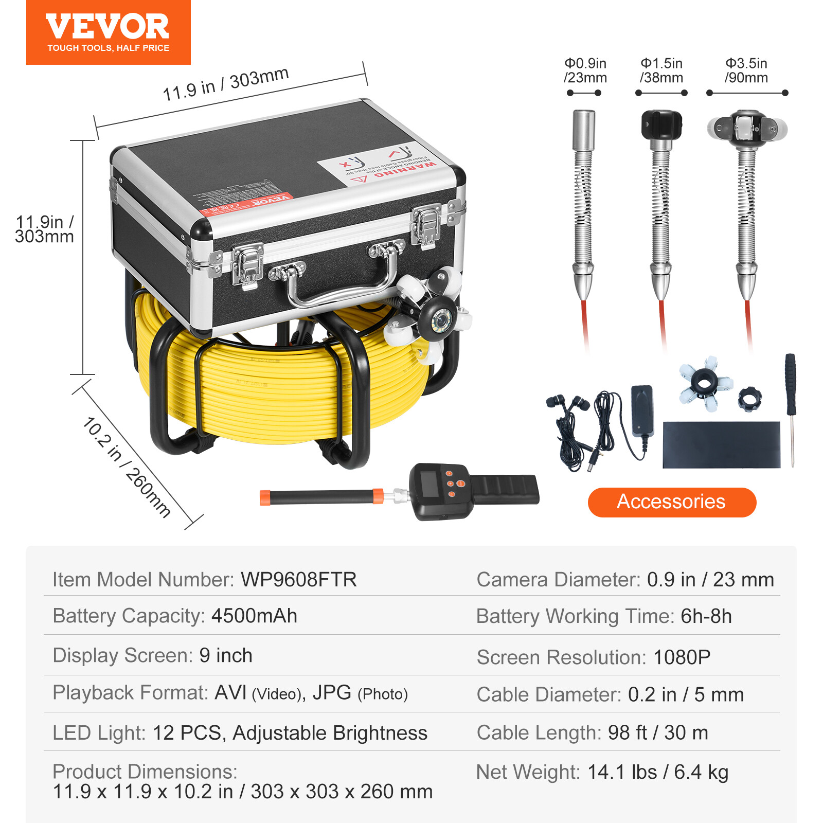 9″ Sewer Camera 98ft/30m Self-Leveling Pipe Inspection Camera with 512Hz Locator