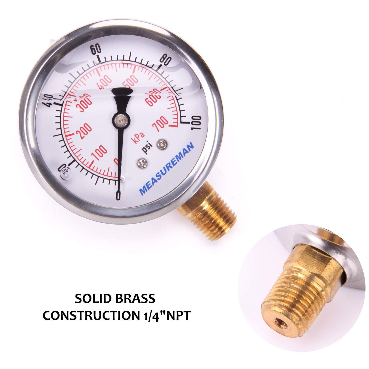 0-100 PSI/kPa Water Pressure Gauge, Glycerin Filled,psi Gauge