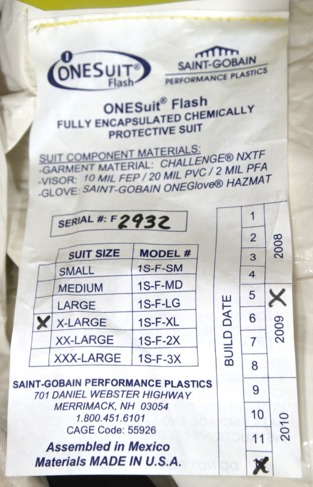 ONESuit Flash Protective Hazmat Suit NFPA 1901,2005 ed X-Large Saint Gobain SEI