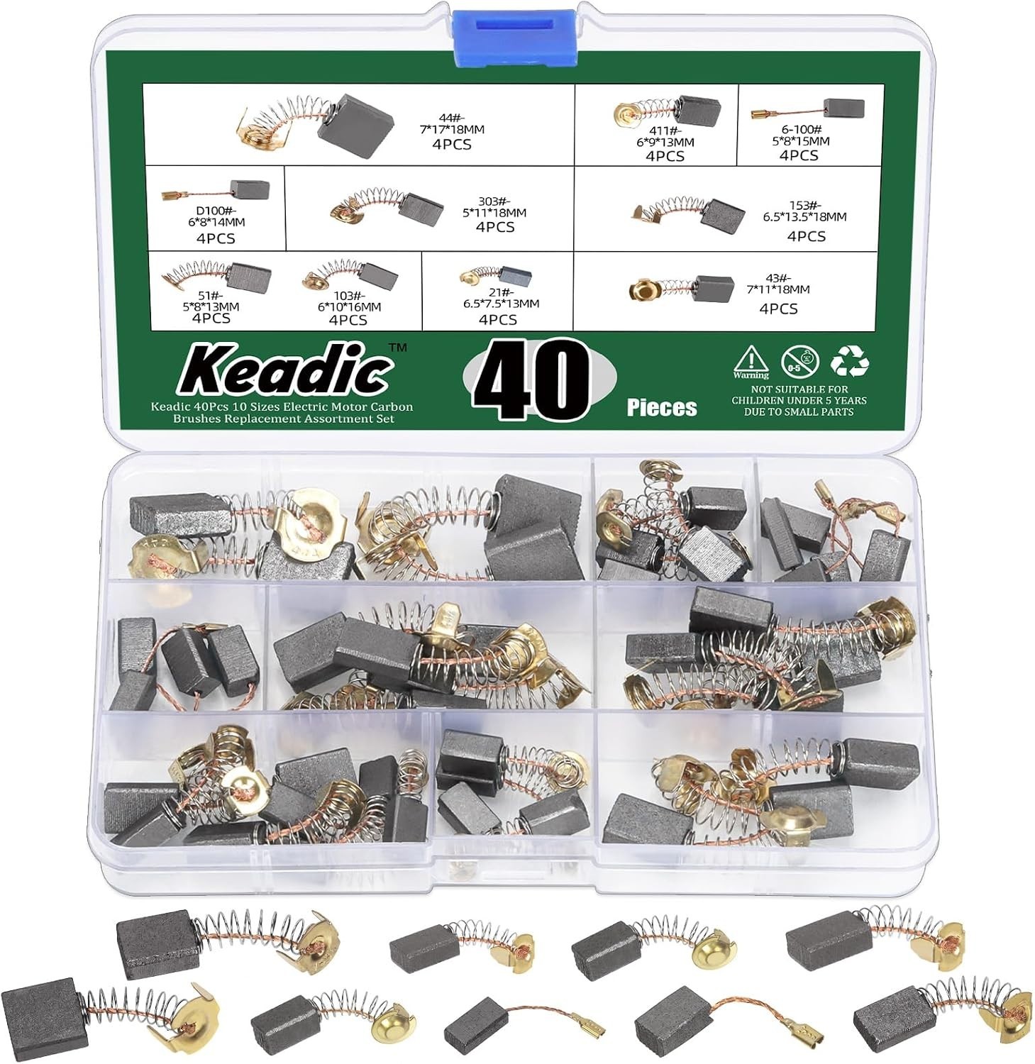 «Electric Motor Carbon Brushes 40pcs Assortment, 10 Sizes Replacement Brush Kit»